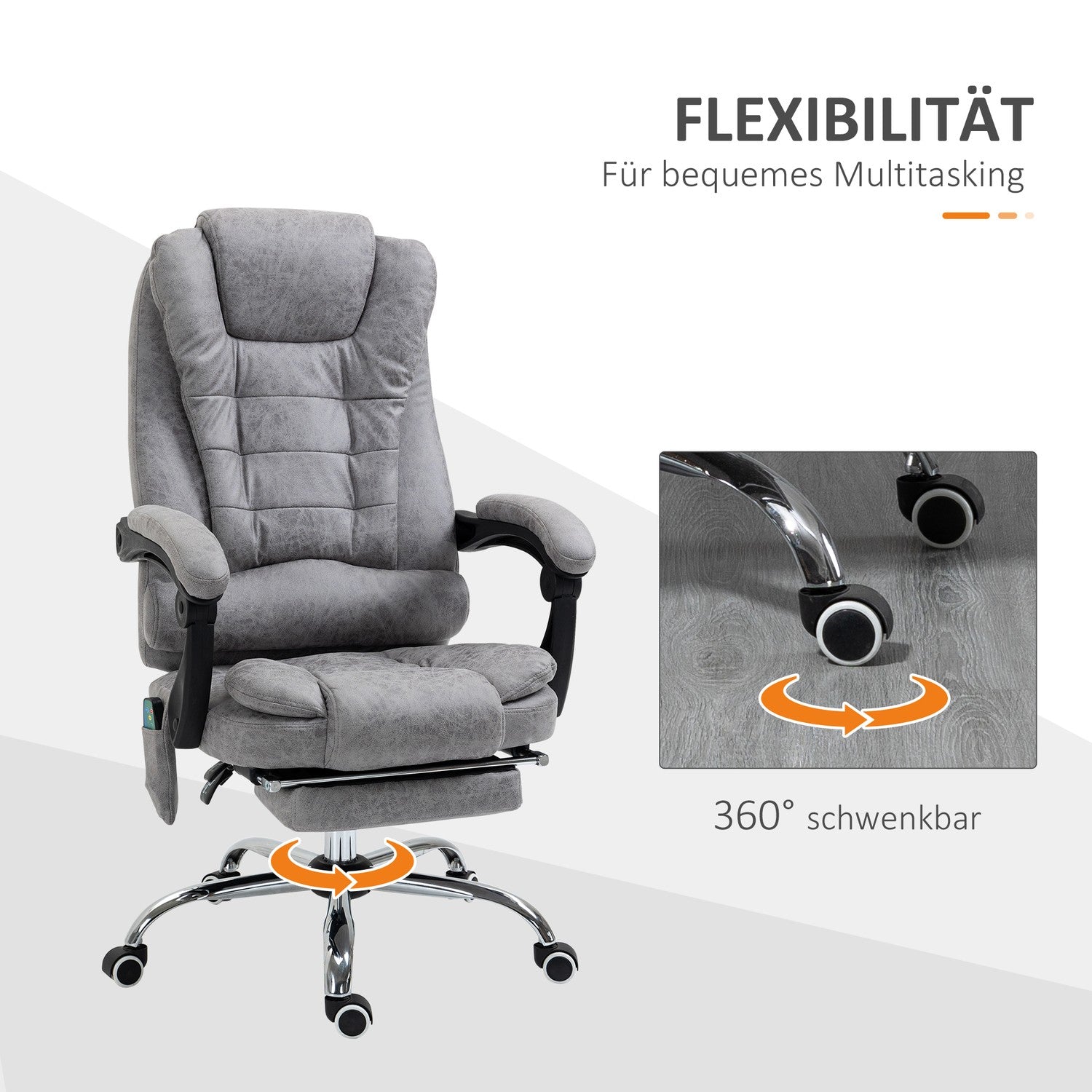 Ergonomisk kontorsstol med massage, lutning & värme, grå