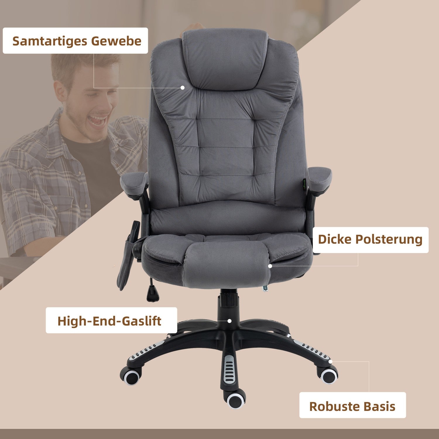 Ergonomisk kontorsstol med massage & värme, mörkgrå