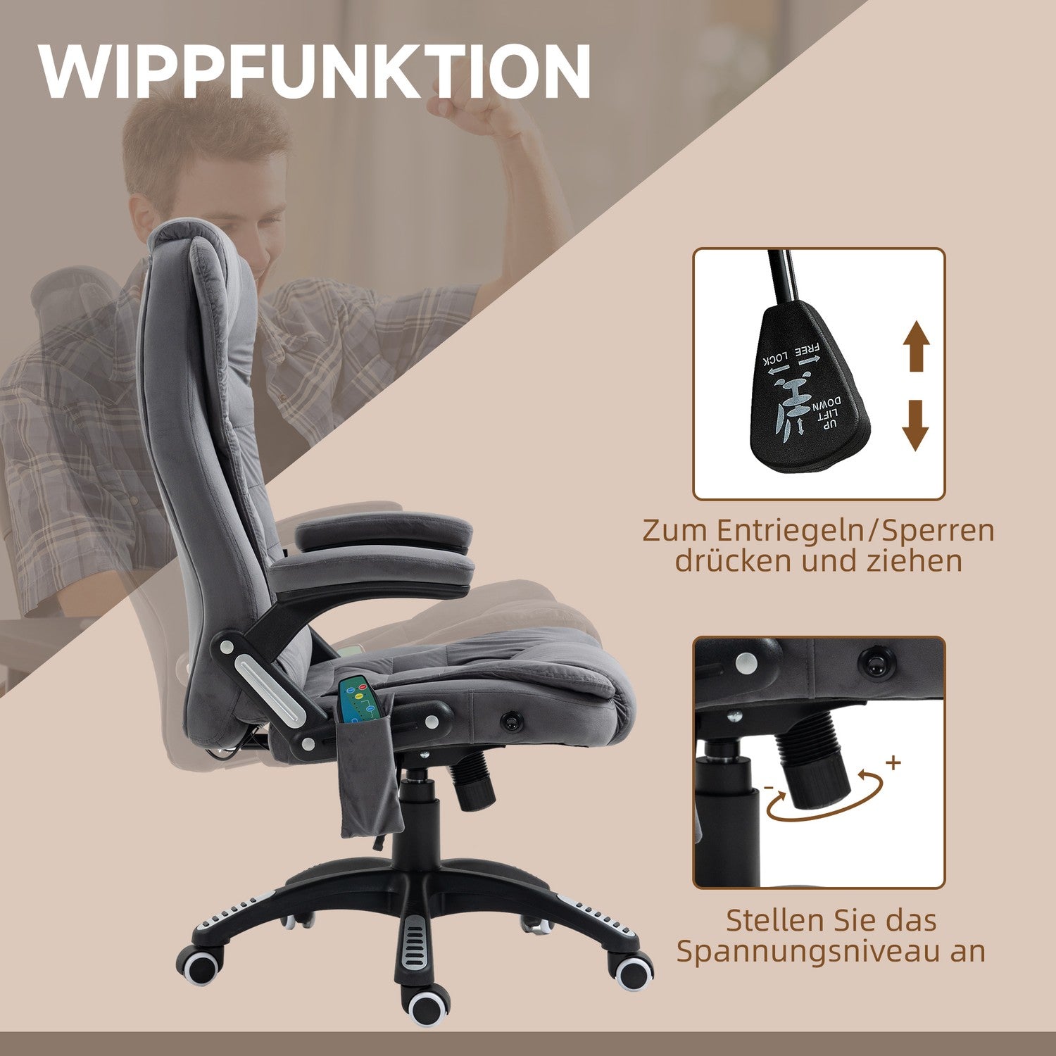 Ergonomisk kontorsstol med massage & värme, mörkgrå