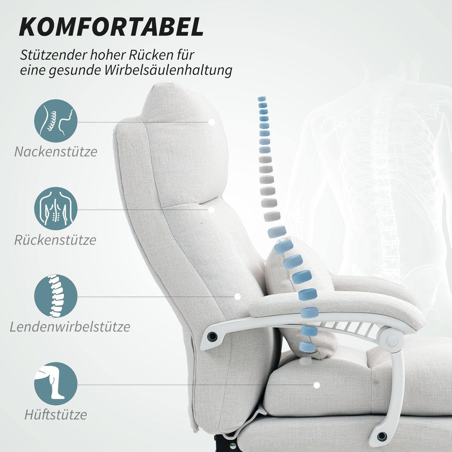 Ergonomisk kontorsstol med svankstöd, linne, kräm