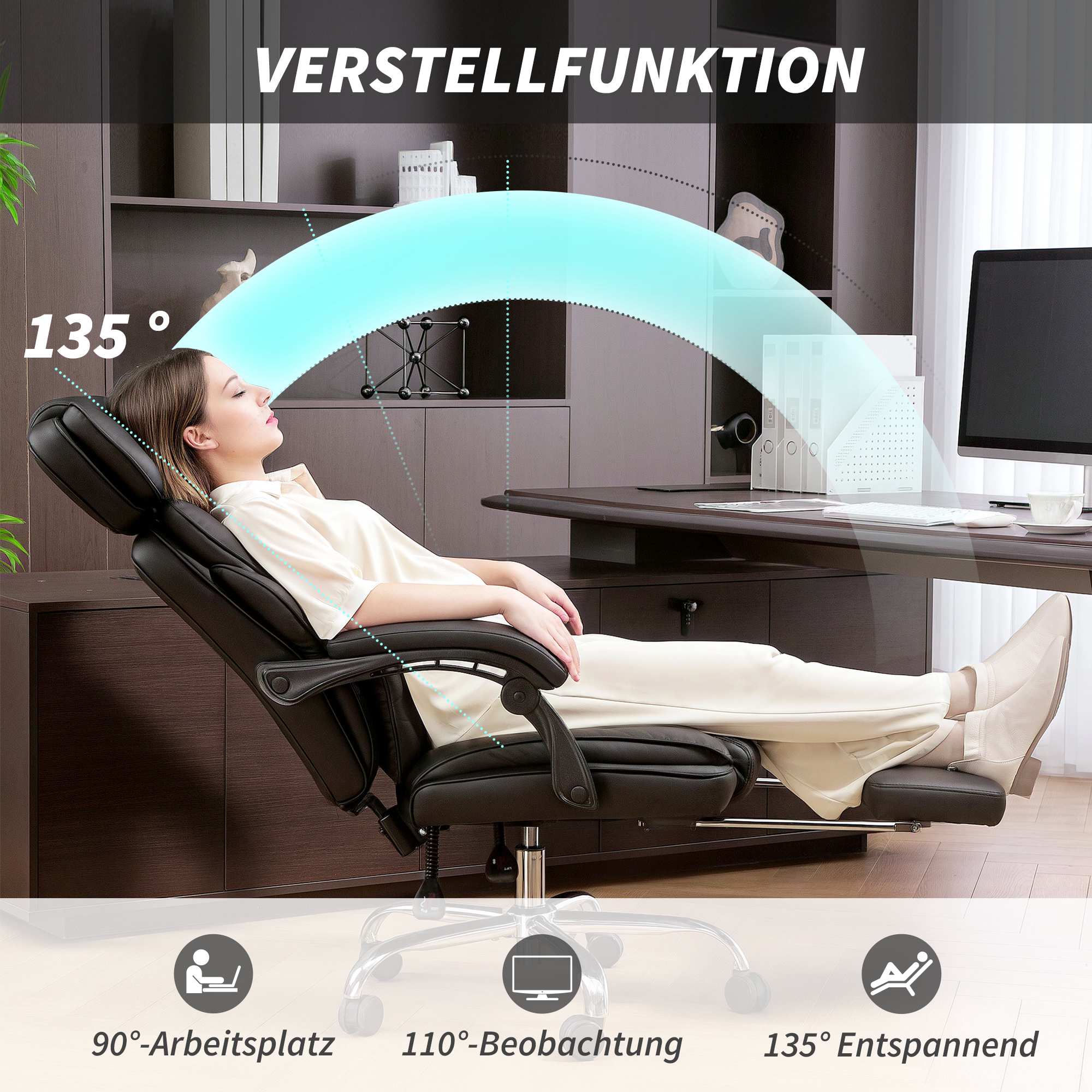 Ergonomisk kontorsstol med svankstöd, svart PU-läder