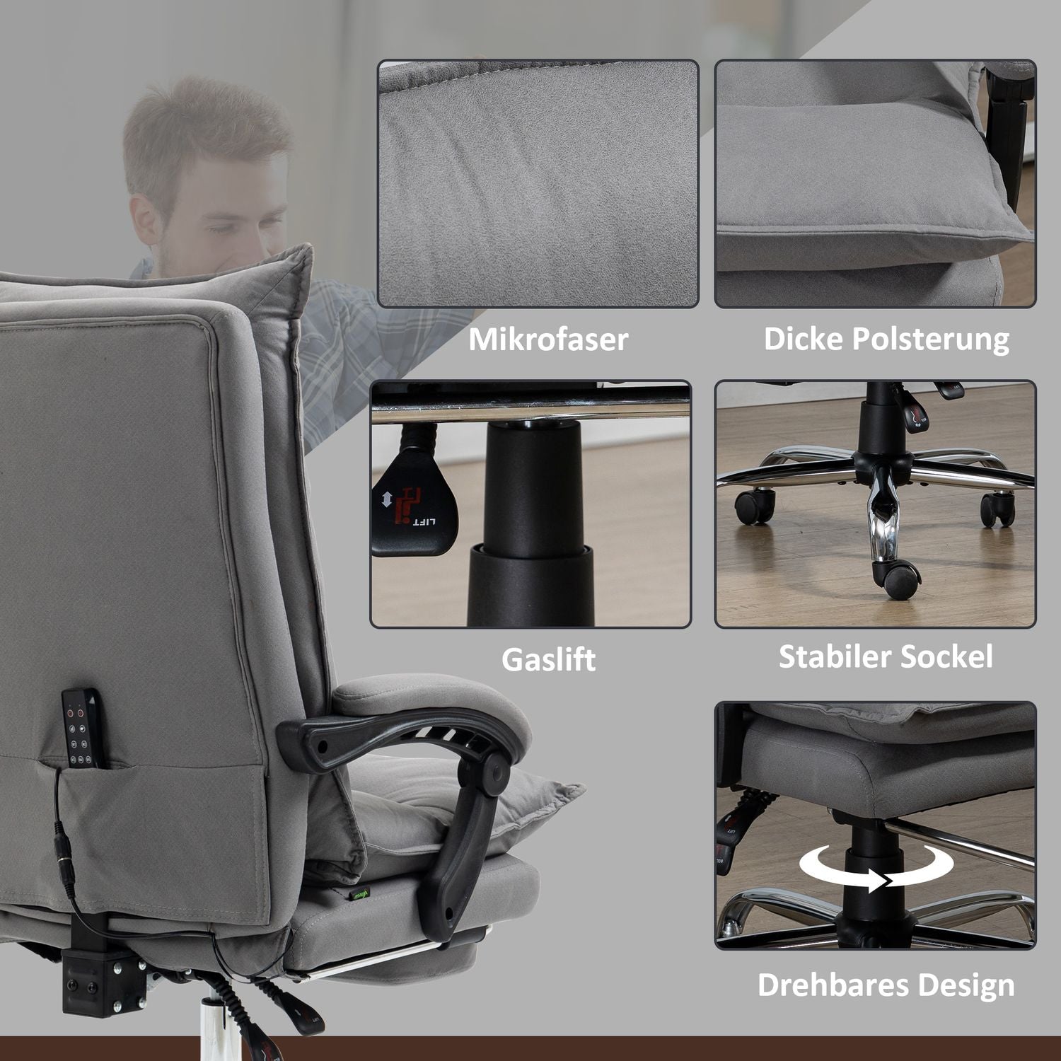Ergonomisk kontorsstol med värme, lutning, fotstöd, justerbar höjd