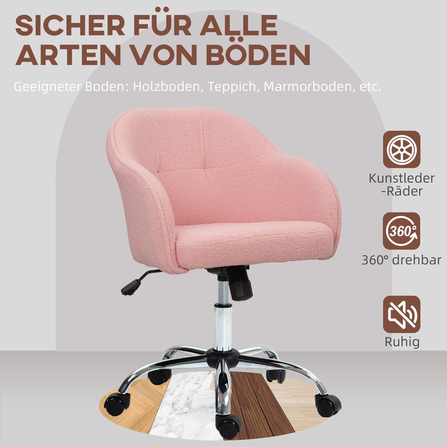 Ergonomisk kontorsstol, rosa teddyfleece, justerbar höjd