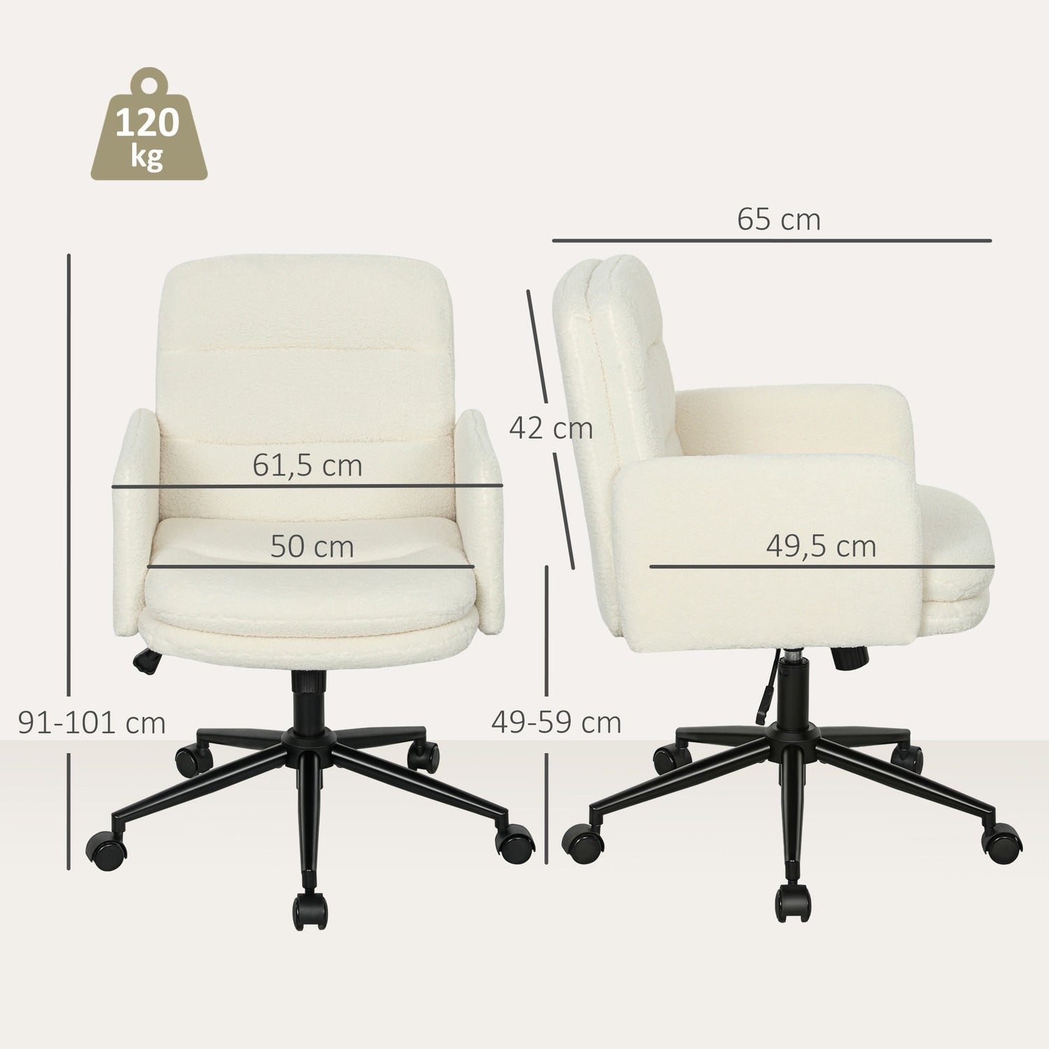 Ergonomisk kontorsstol, tygöverdrag, justerbar, krämfärgad