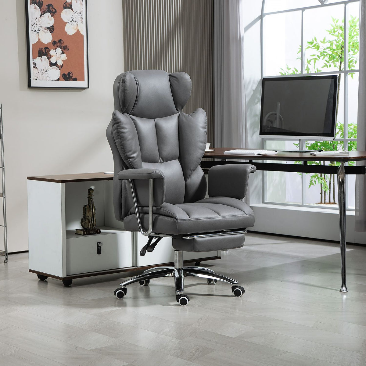 Chaise de bureau ergonomique allongée avec repose-pieds, gris foncé