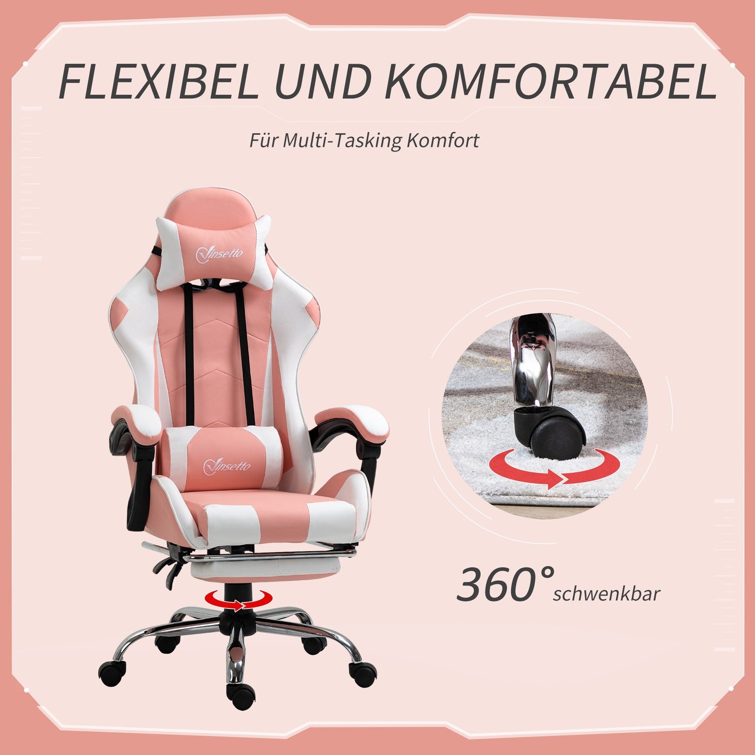 Ergonomisk rosa och vit spelstol med svankstöd
