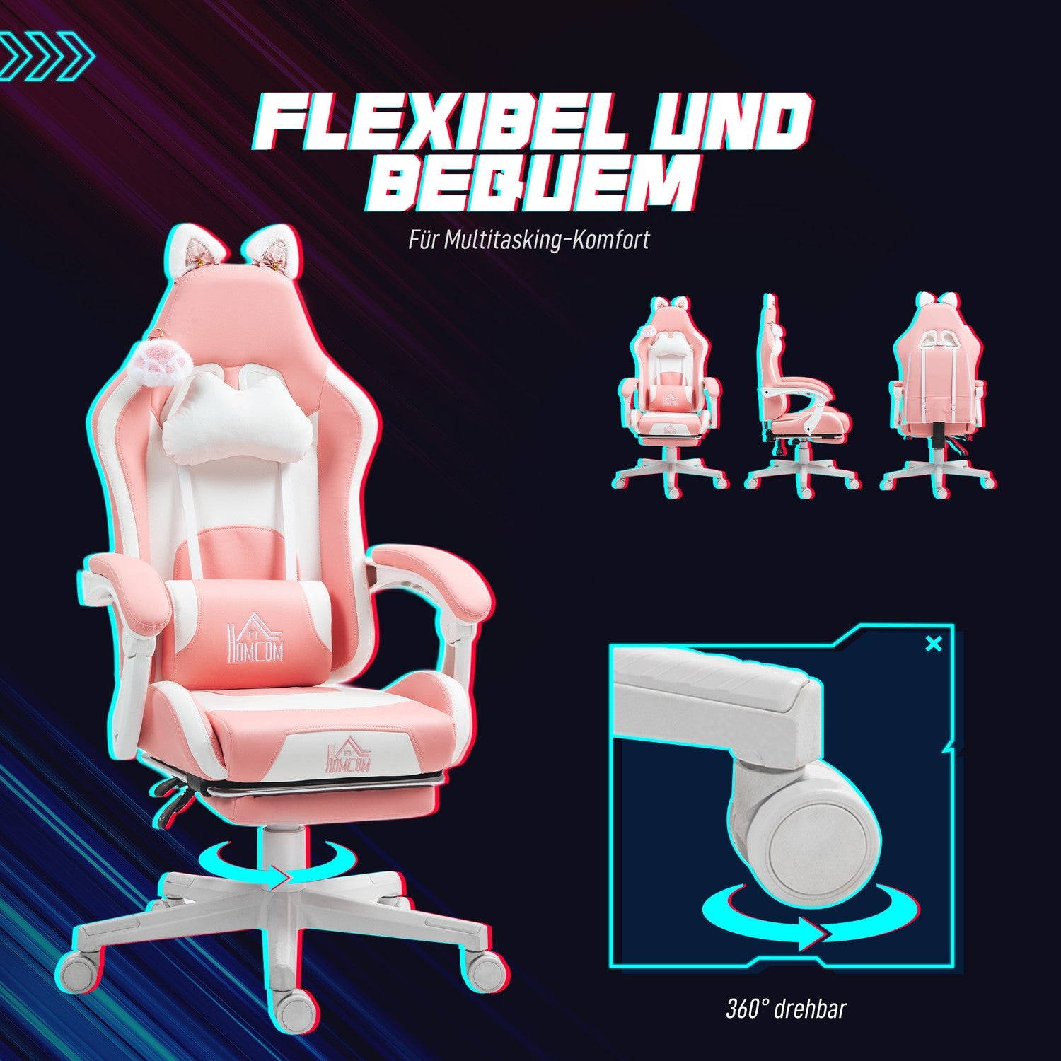 Ergonomisk rosa spelstol med svankstöd och fotstöd