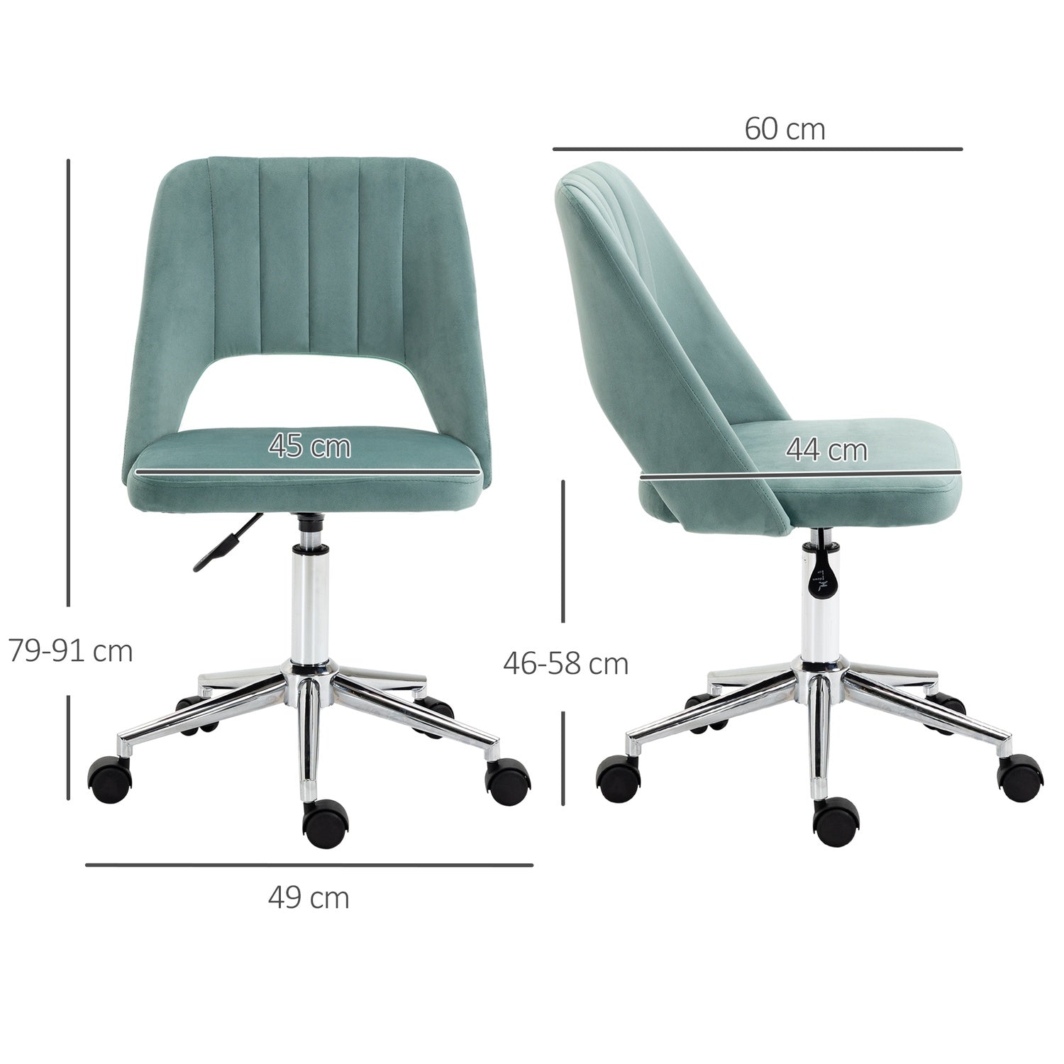 Ergonomisk skrivbordsstol i grön sammet – justerbar, inga armar