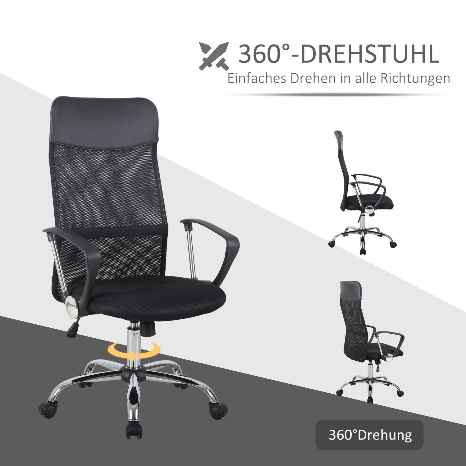 Ergonomisk svart svängbar spelstol, meshskum, justerbar höjd