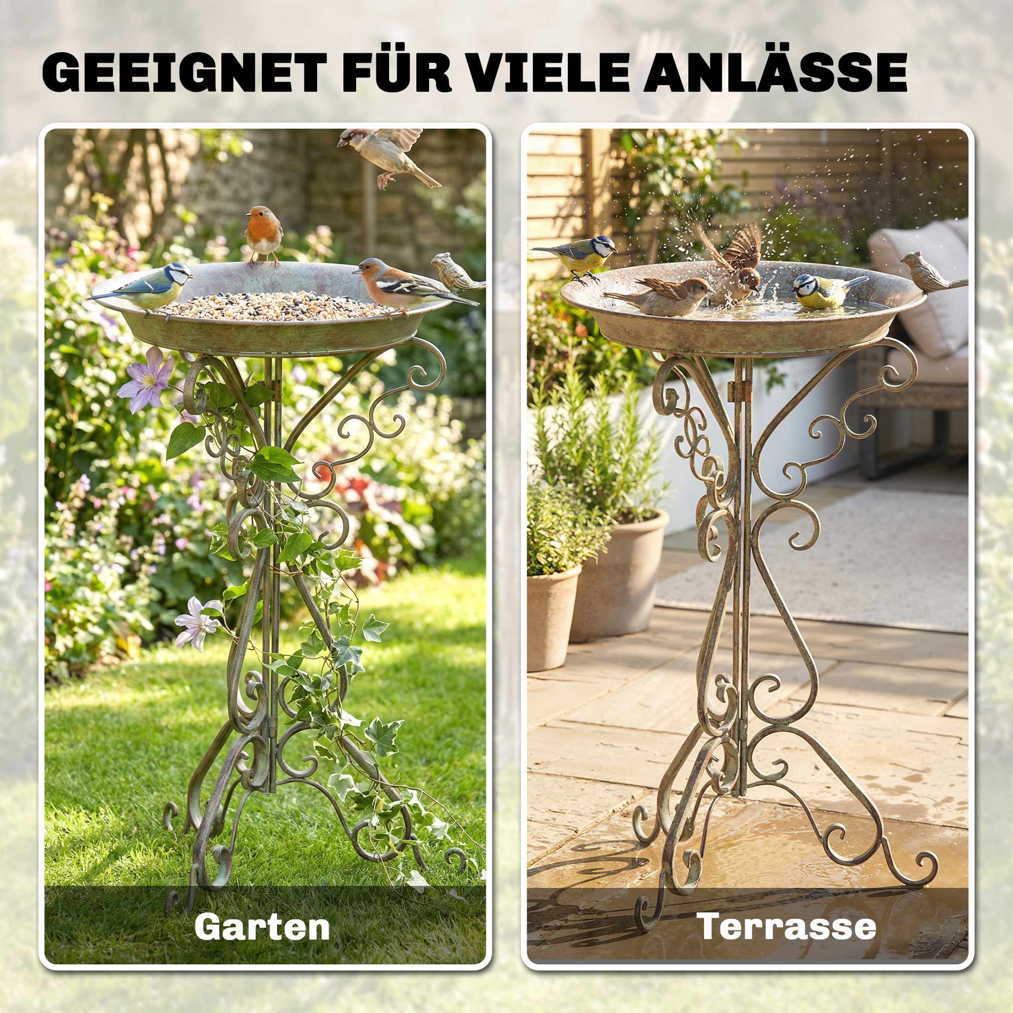 Fågelbad i metall, vintagegrönt, 75 cm högt, rostbeständigt