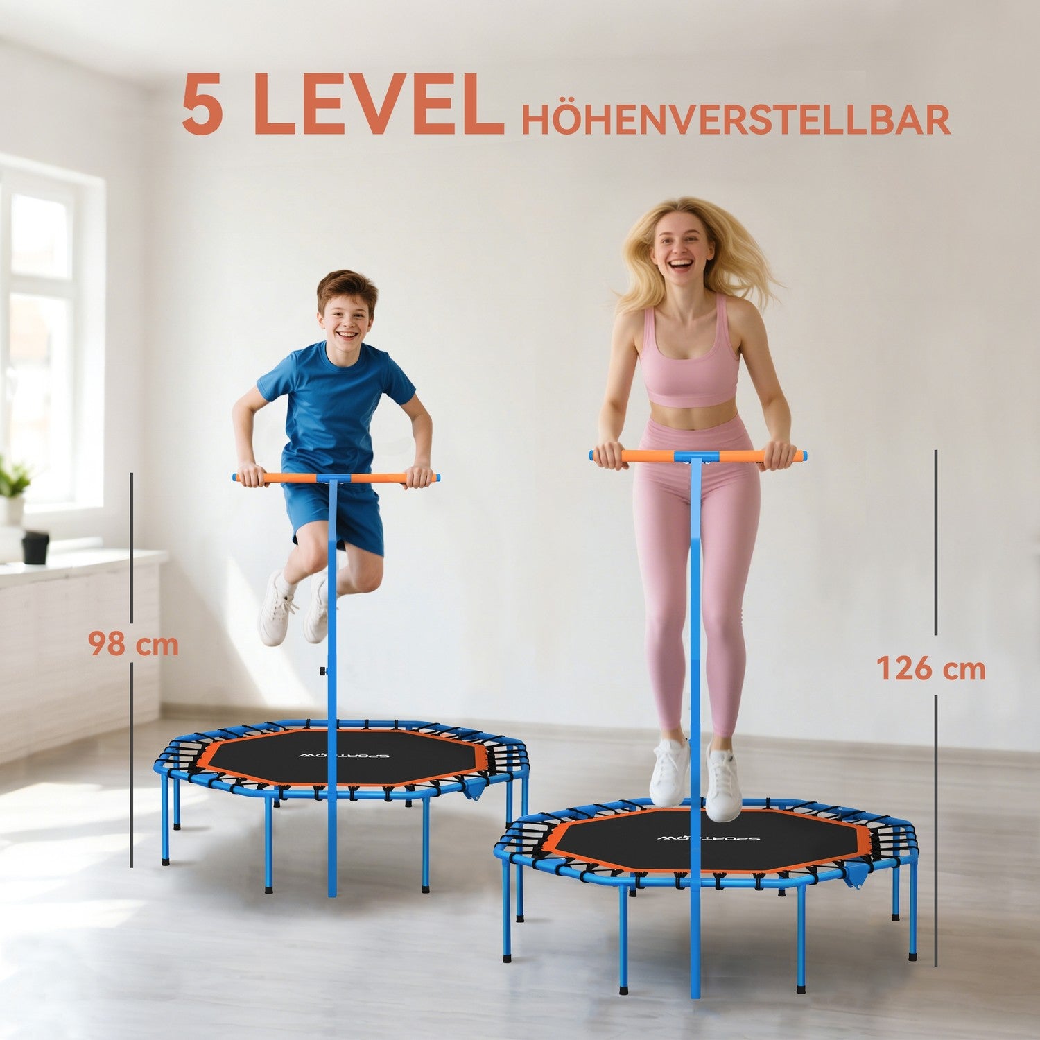Fitnesstrampolin med justerbart handtag, stål, inomhusbruk