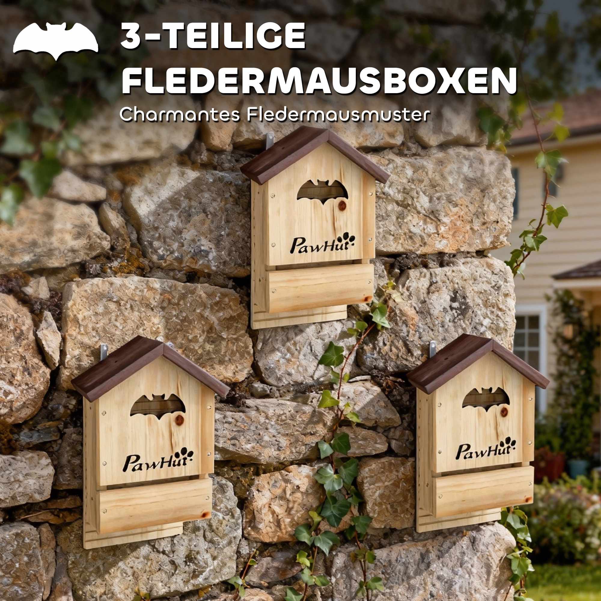 Fladdermushus, set om 3, gran, 21,5 x 11,5 x 34 cm