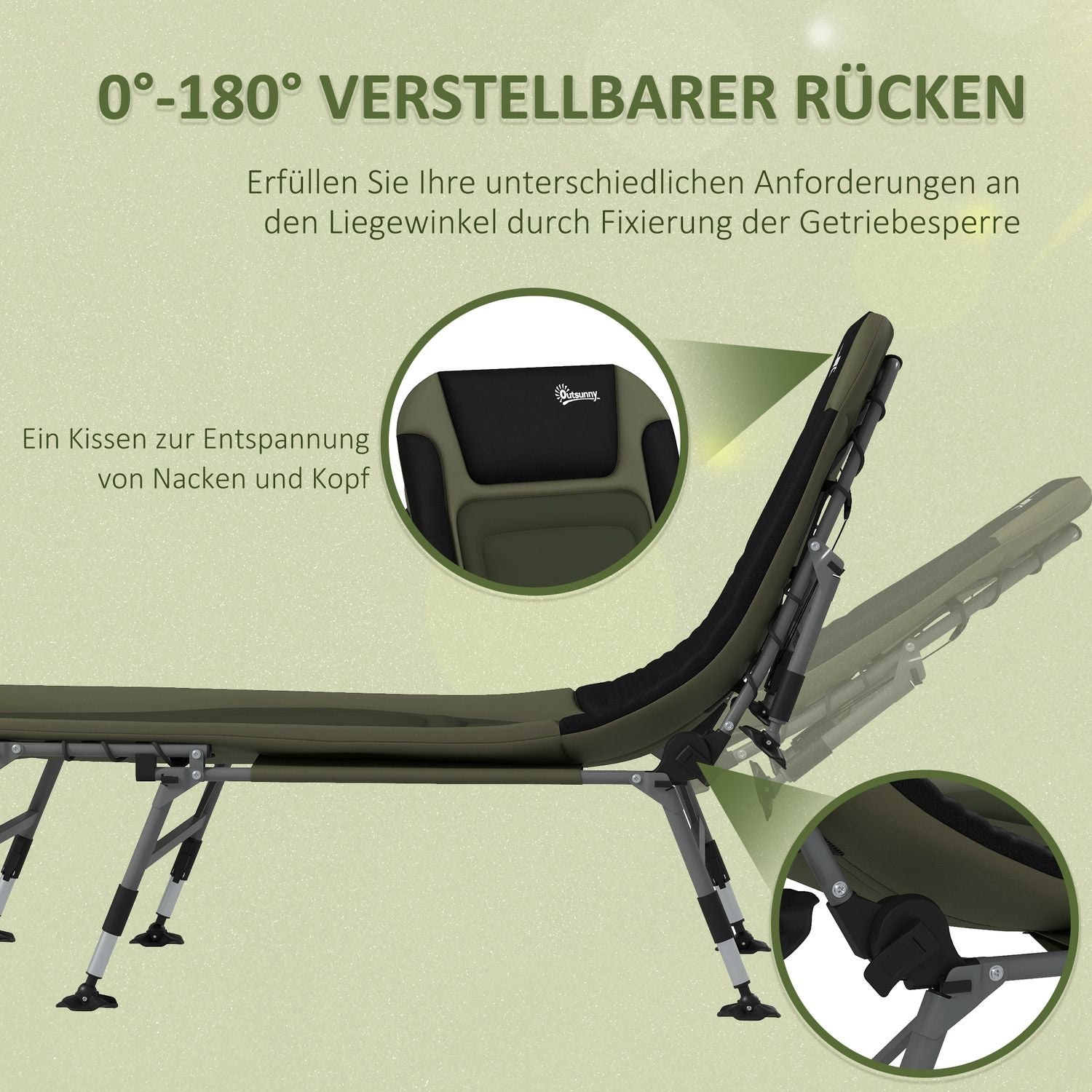 Fällbar campingsäng – justerbar, stödjer upp till 180 kg, grön