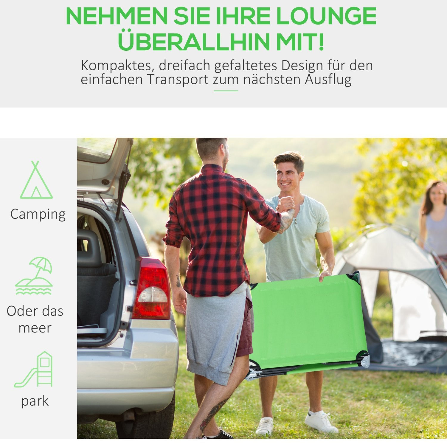 Fällbar solstol, justerbar, väderbeständig, grön