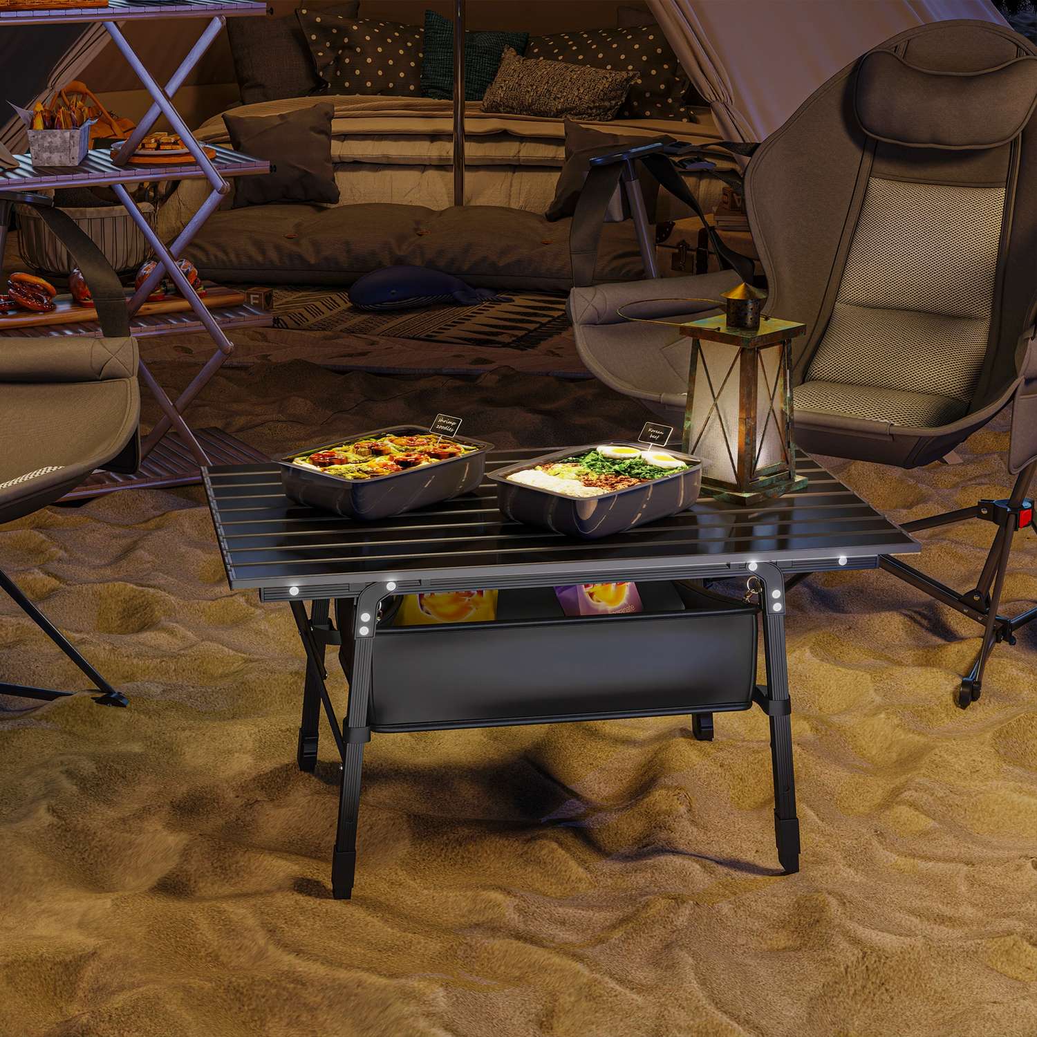 Fällbart campingbord med förvaring, justerbar höjd