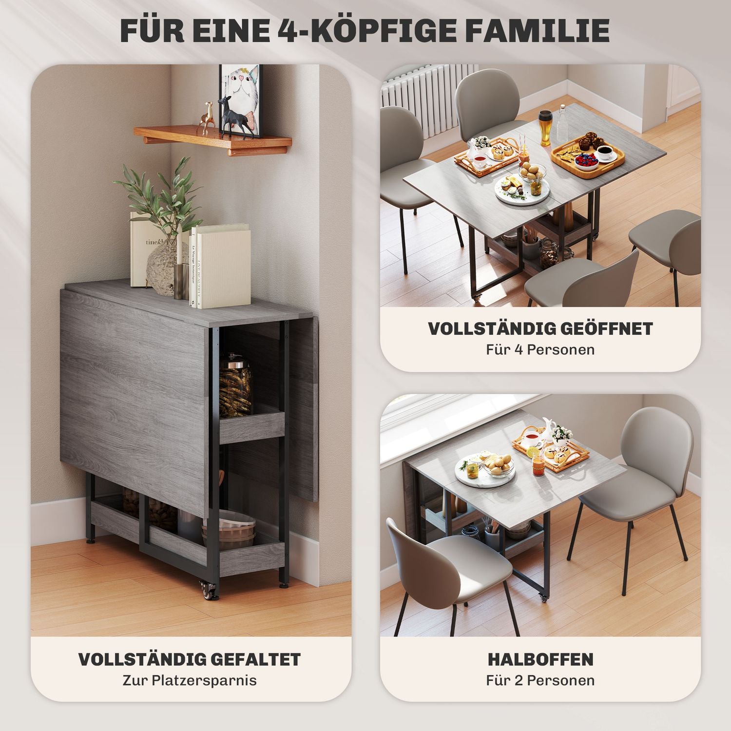 Fällbart matbord i industriell design, för upp till 4 personer, öppna hyllor, flexibel, metall, spånskiva, grå