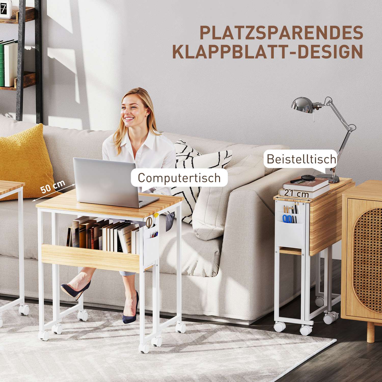 Fällbart skrivbord, konverterbart till sidobord, öppen hylla, natur