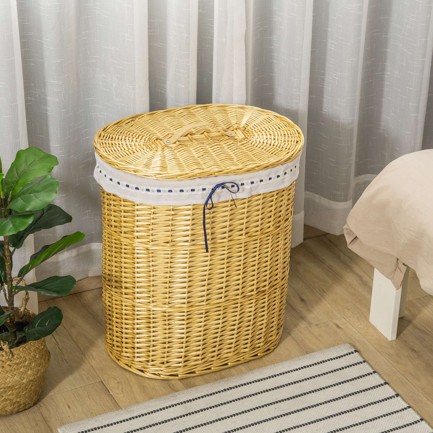 Flätad tvättkorg med lock, 100L kapacitet, naturlig