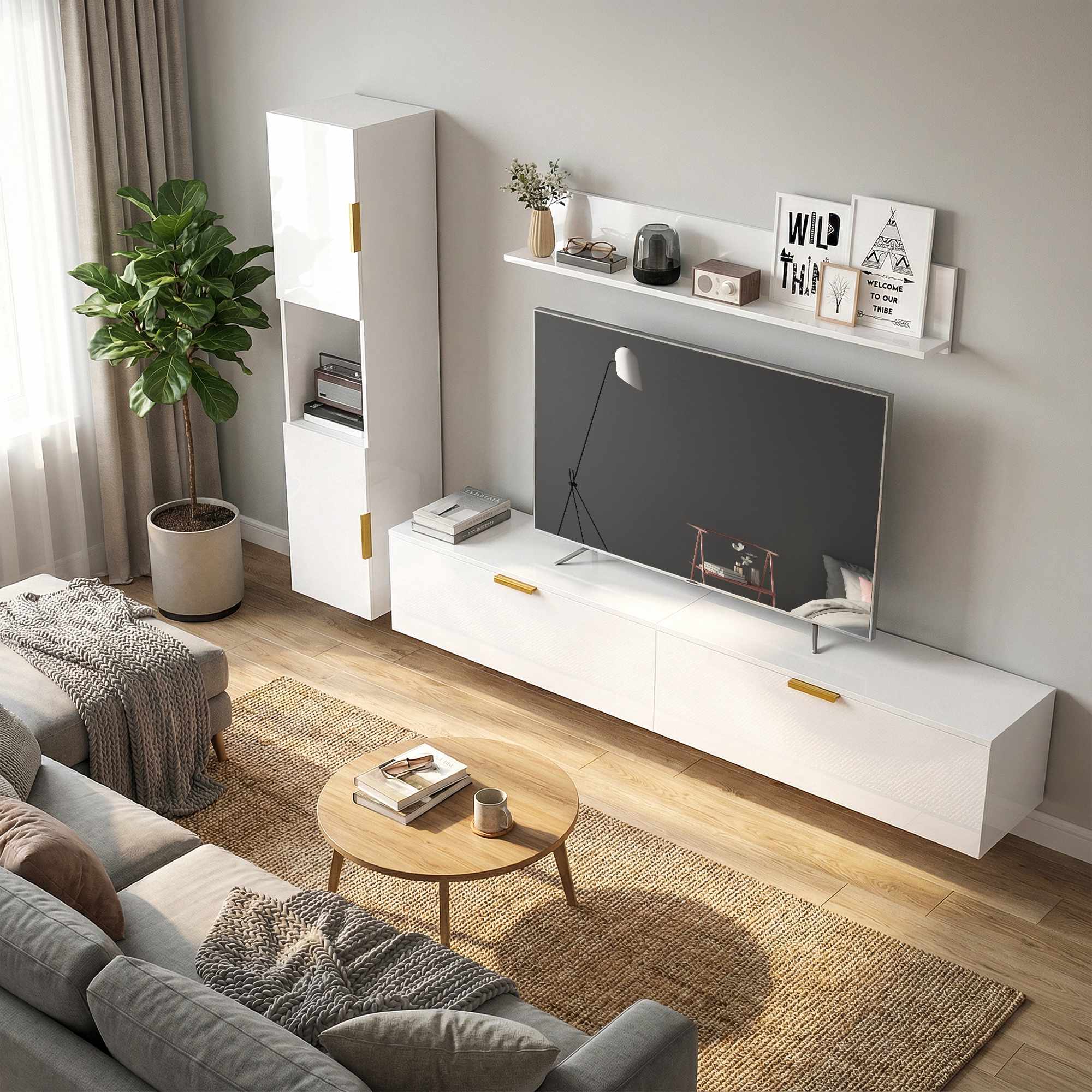 Flytande TV-bänk med fällbara dörrar, 180 cm blank vit