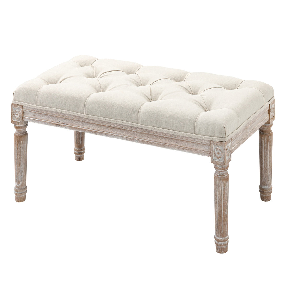 Pouf aspect lin avec assise matelassée et pieds en bois