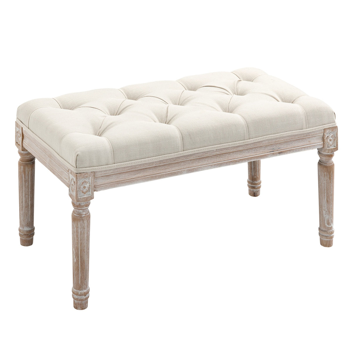Pouf aspect lin avec assise matelassée et pieds en bois