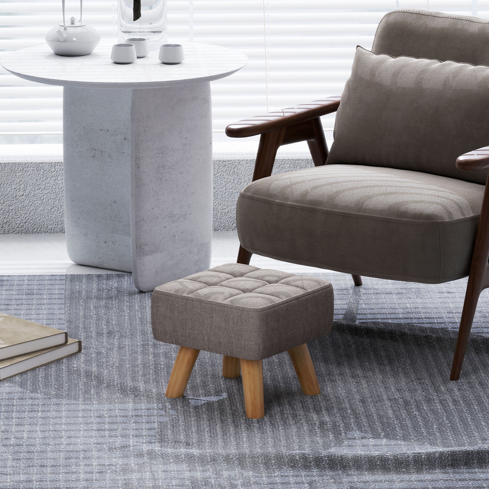 Fotpall med klädsel, linnelook, träben, lastkapacitet upp till 110 kg, grå