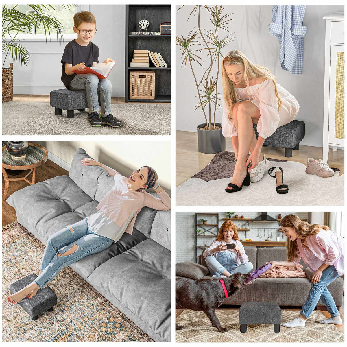 Fotpall, sittpall med linneliknande tygöverdrag, skumfyllning, plastben, för olika rum, grå