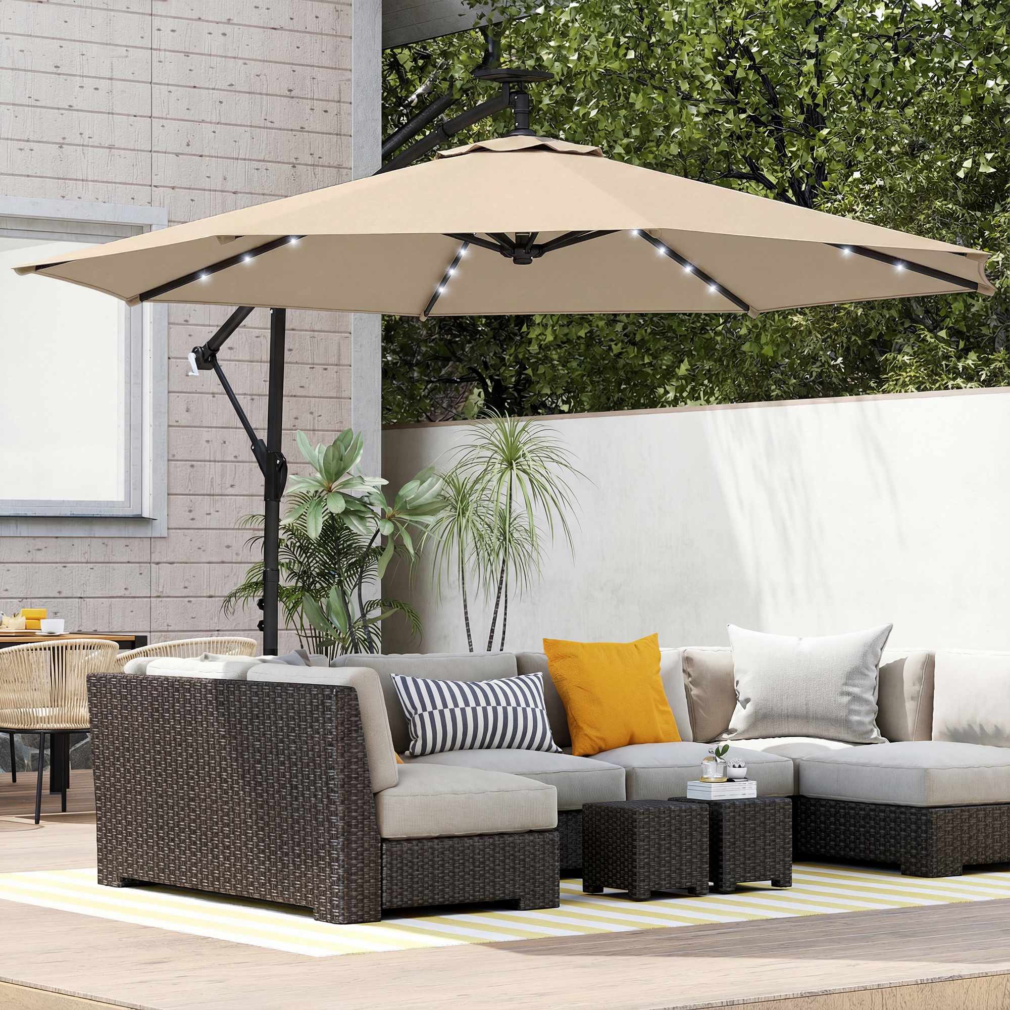 Fribärande parasoll med LED-ljus, 3x3m, beige
