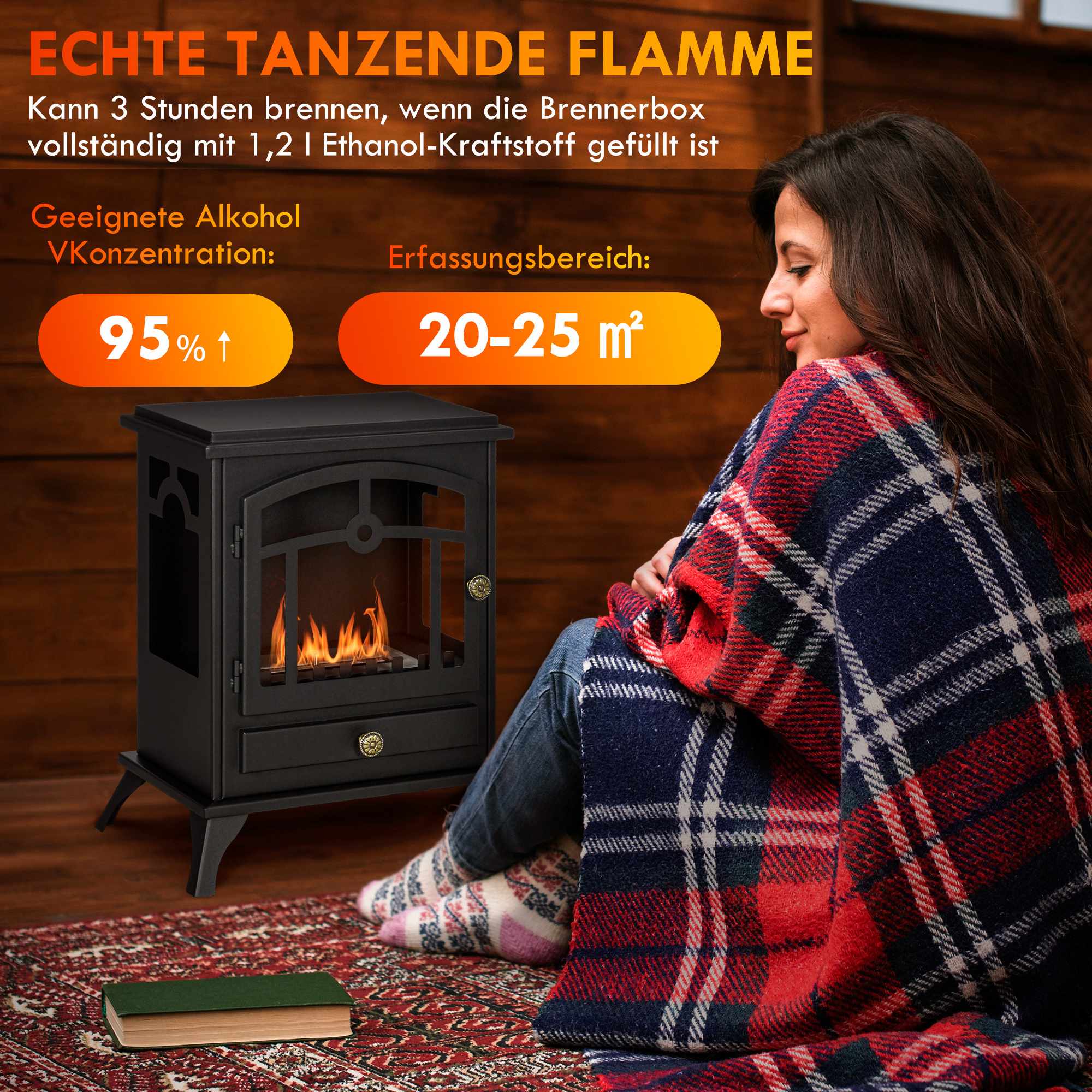 Fristående etanolkamin, svart, 3 timmars brinntid