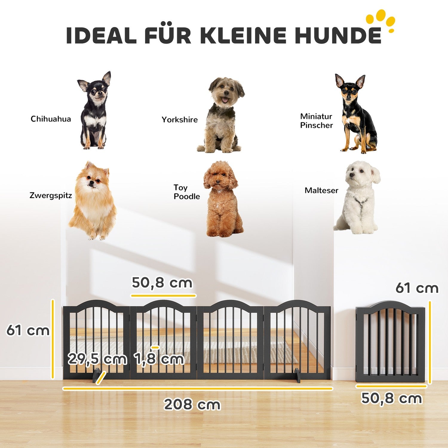 Fristående hundgrind, hopfällbar, 4 paneler, 208x29,5x61 cm, svart
