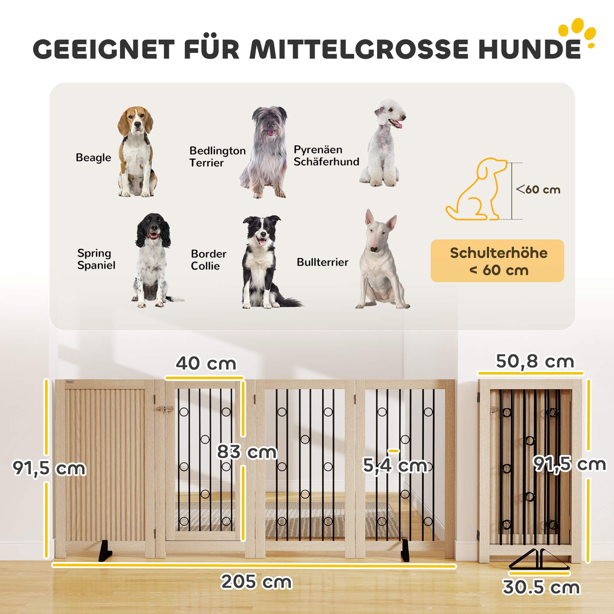 Fristående husdjursgrind med dörr, 4 paneler, MDF och stål