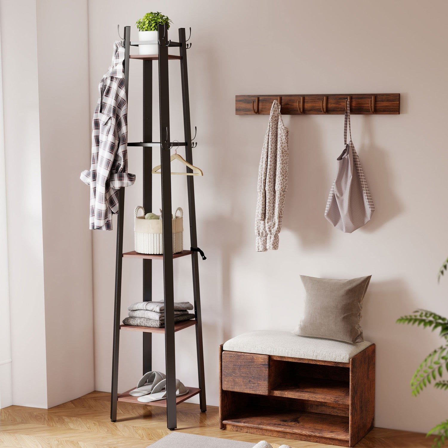 Fristående klädhängare, 4 hyllor, 8 krokar, industriell stil