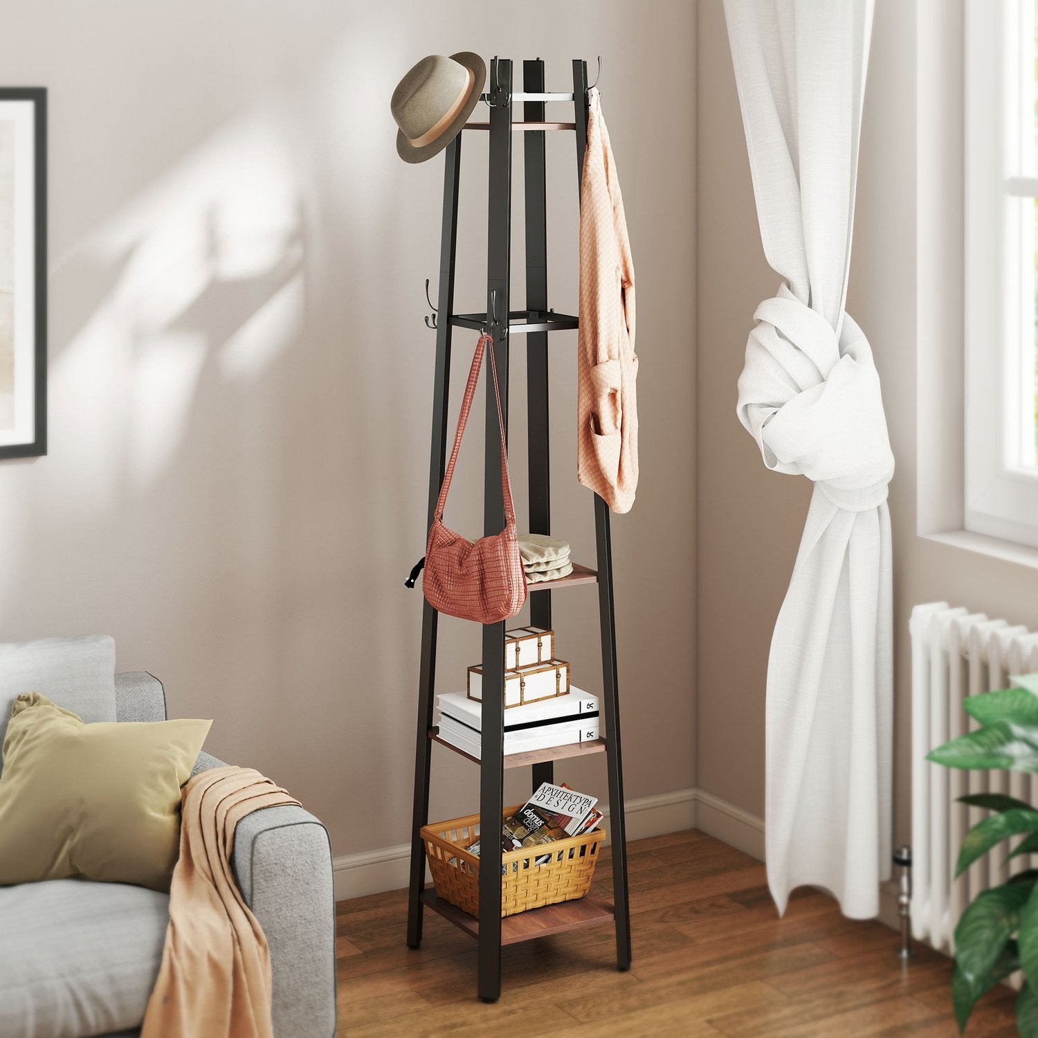 Fristående klädhängare, 4 hyllor, 8 krokar, industriell stil