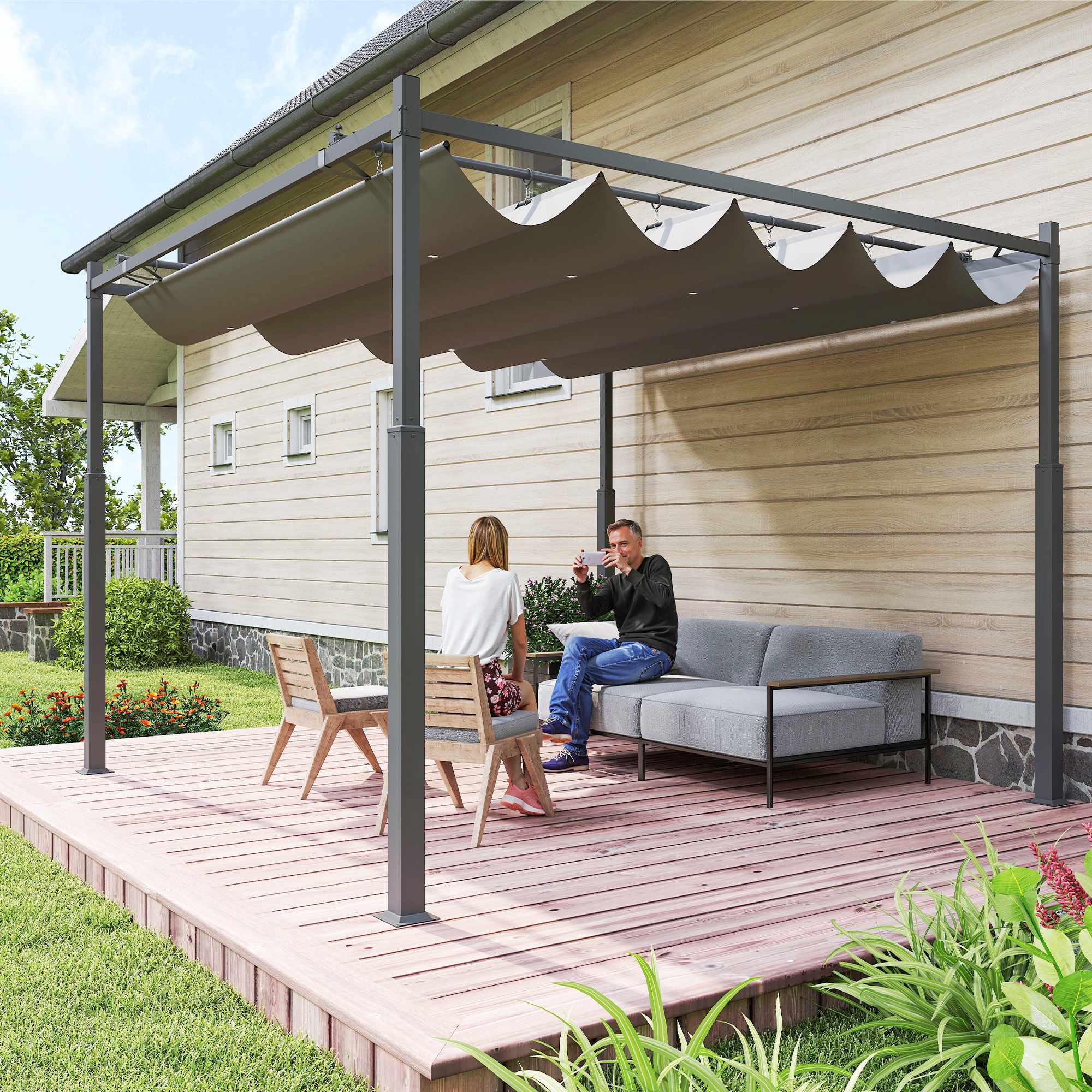 Fristående pergola 3x3m med skjuttak, UV-resistent