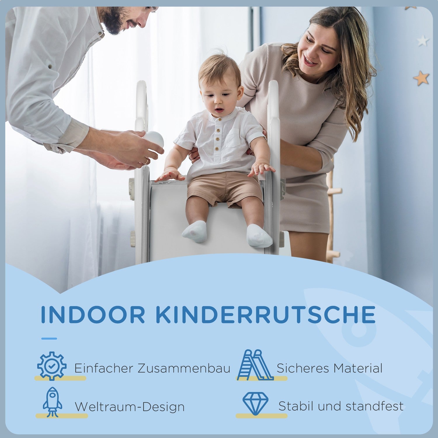 Fristående raketrutschbana för barn, grå och vit, 1,5-3 år