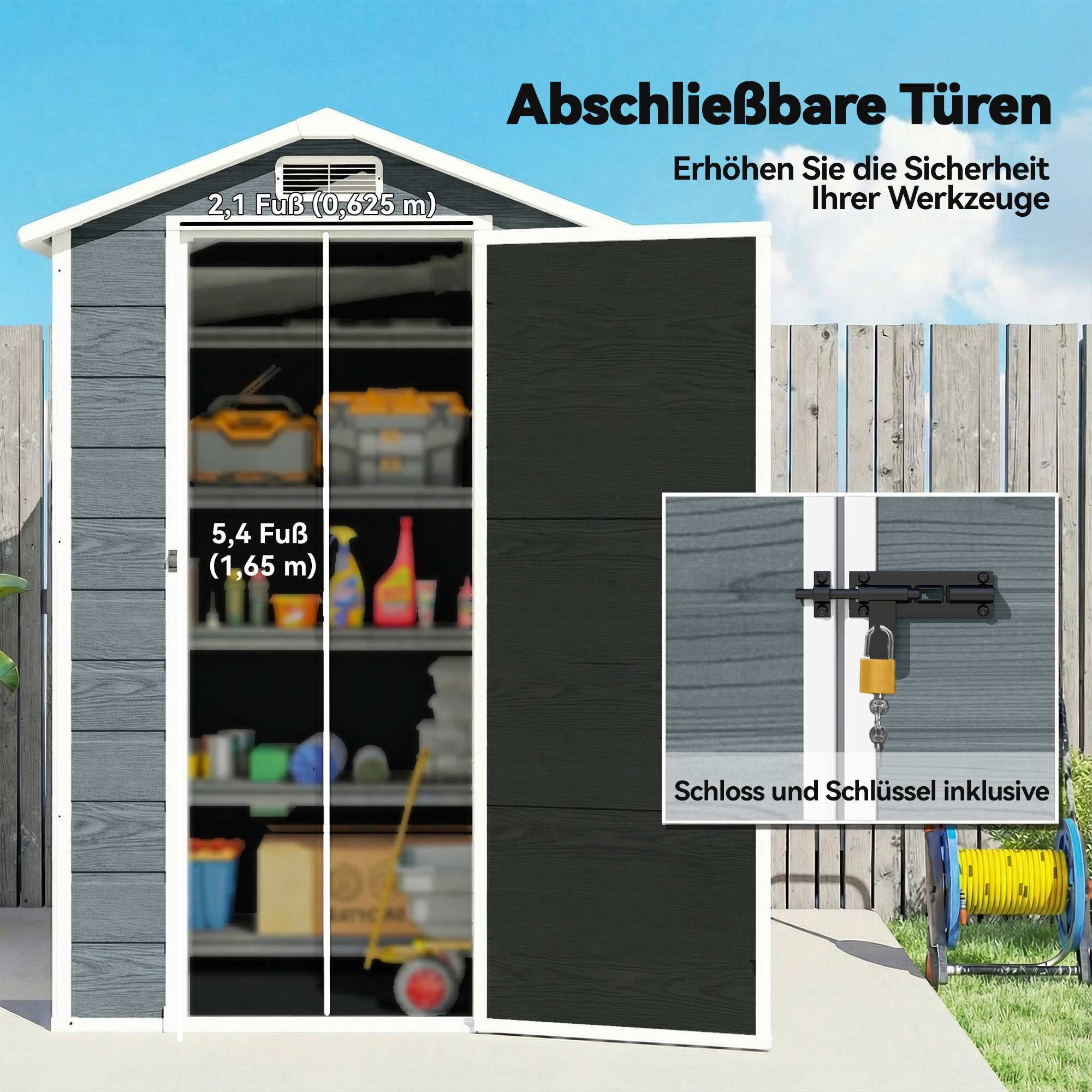 Förråd för utomhusbruk med fönster, ventilation och lås – grå