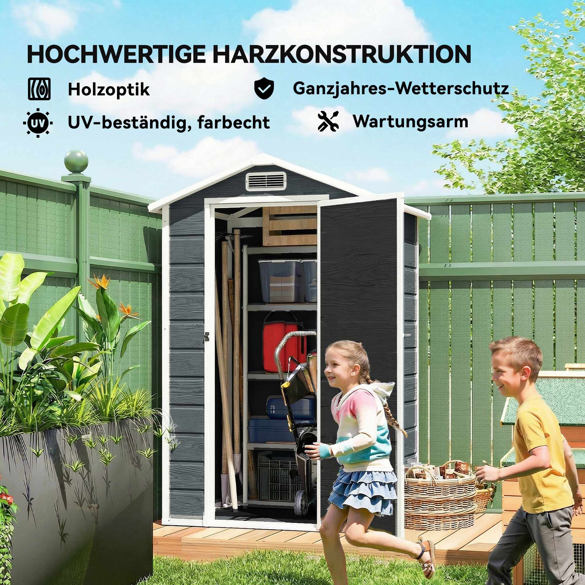 Förråd för utomhusbruk med fönster, ventilation och lås – grå