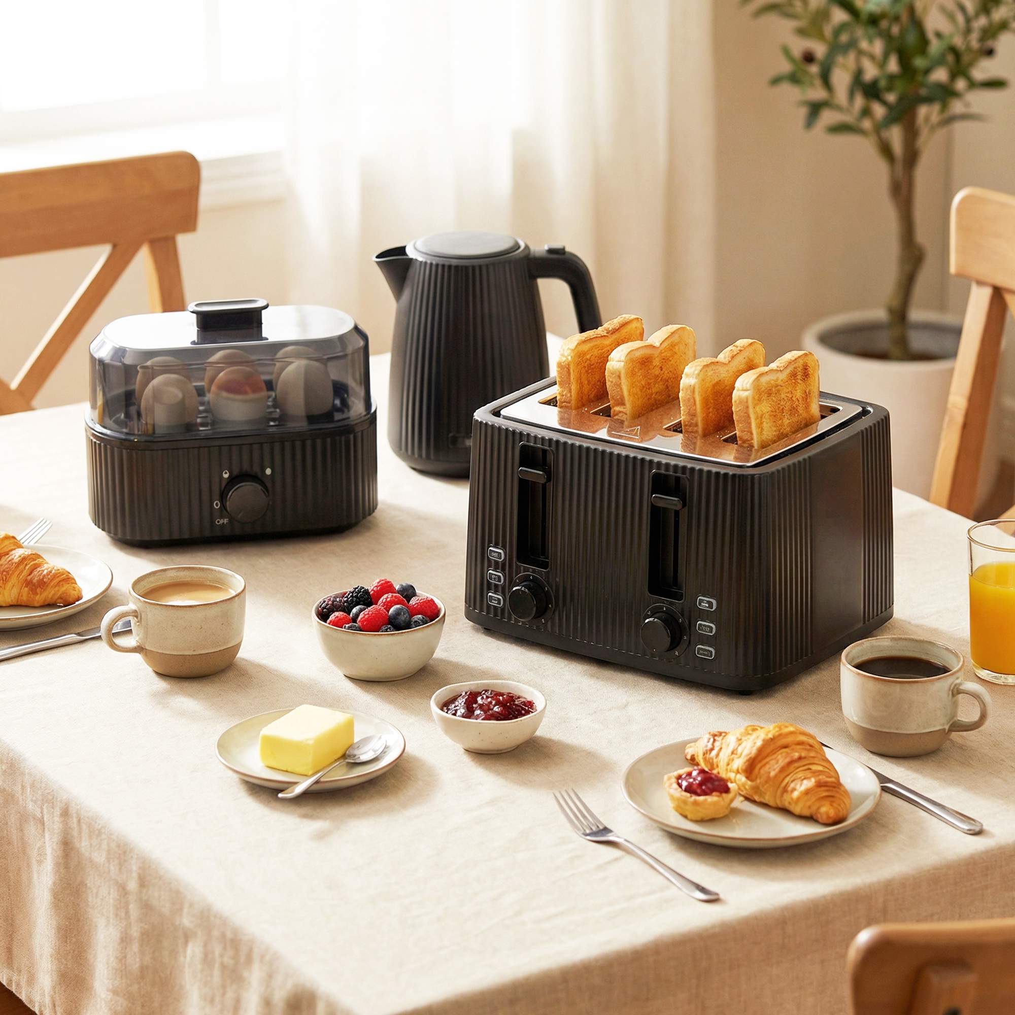 Frukostset: 1,7 l vattenkokare, brödrost för 4 skivor, äggkokare