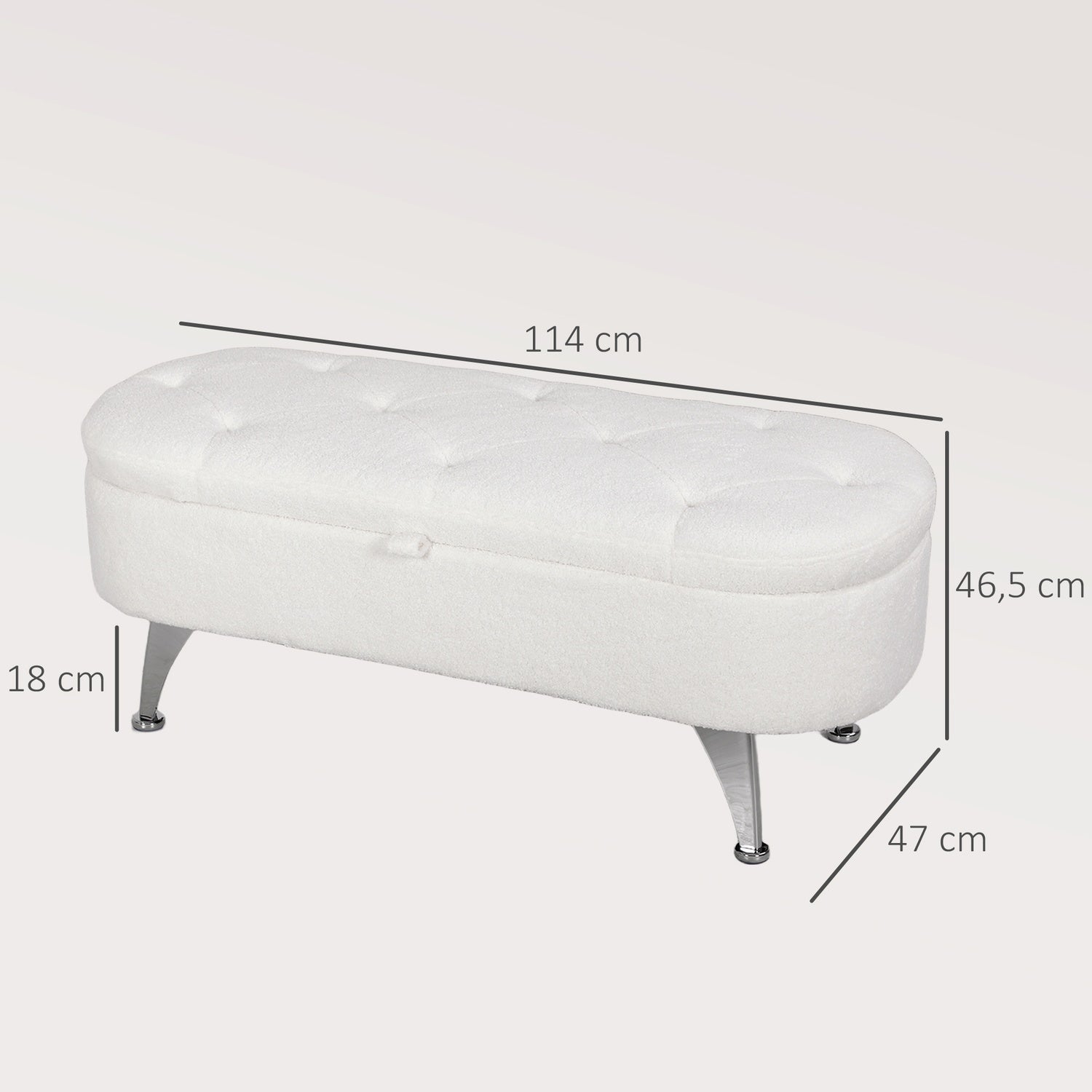 Förvaringsbänk med lock, vit sammet, metallram, 114cm