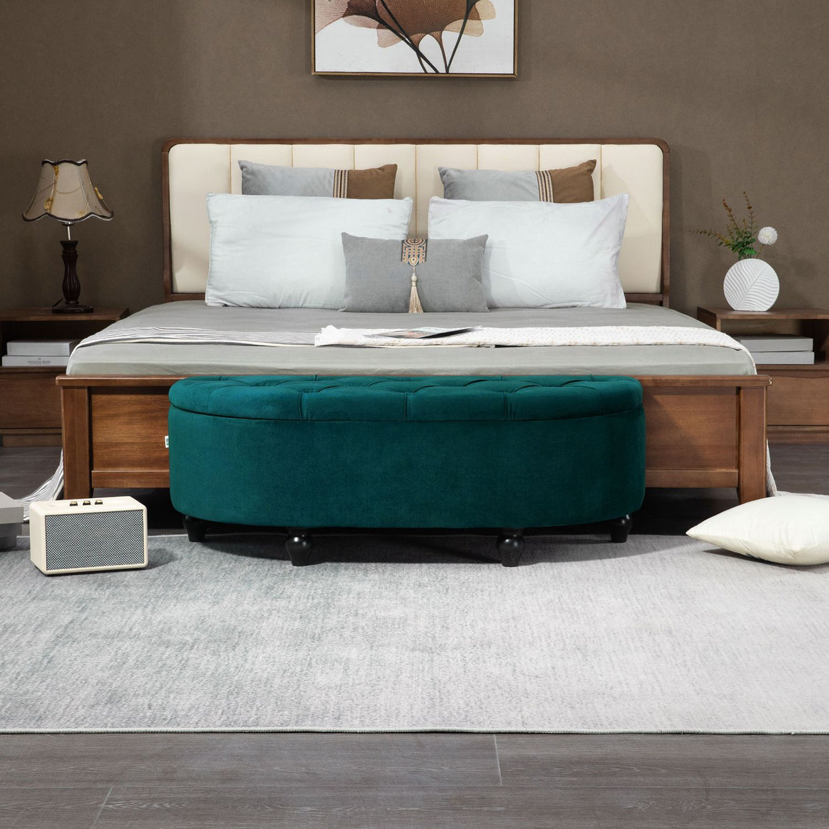 Banc de rangement avec coussin en velours, vert foncé, 120x46x42 cm