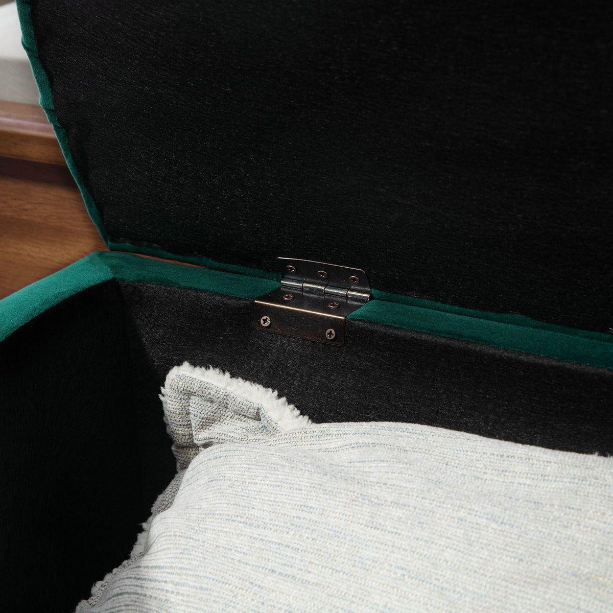 Banc de rangement avec coussin en velours, vert foncé, 120x46x42 cm