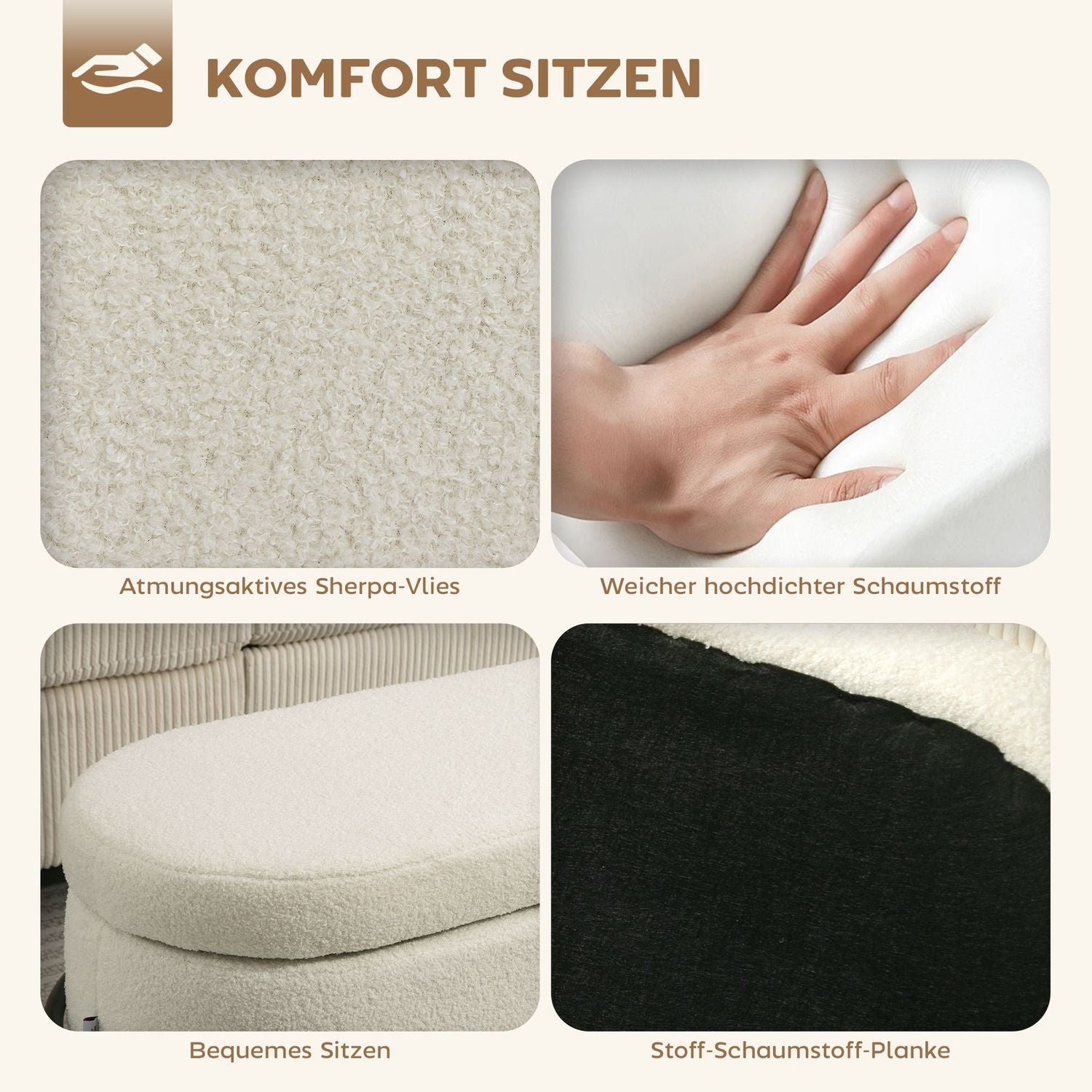 Förvaringsfotpall, krämfärgad fleece, stålben