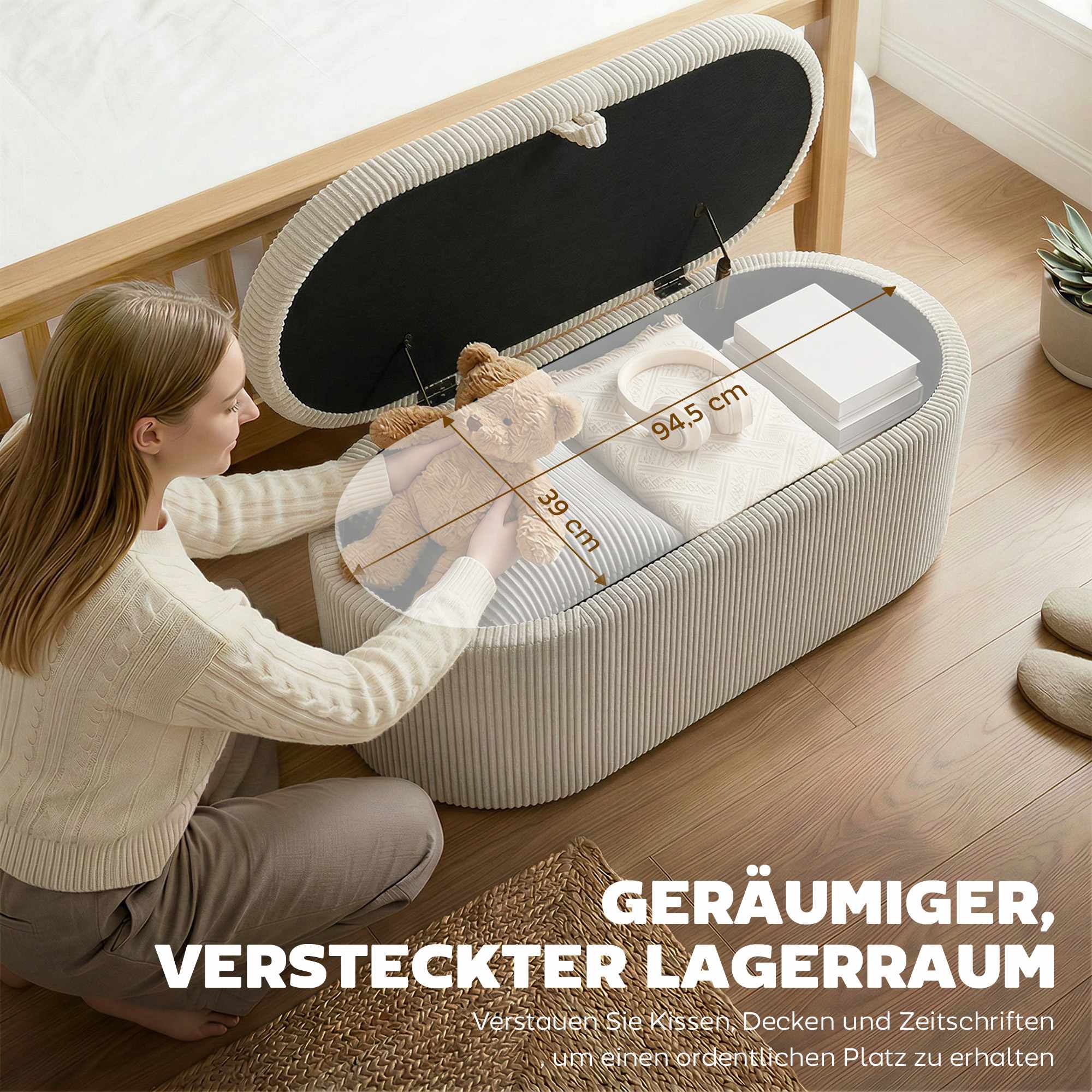 Förvaringsfotpall med snörklädsel, 105 x 51 x 49 cm, Beige