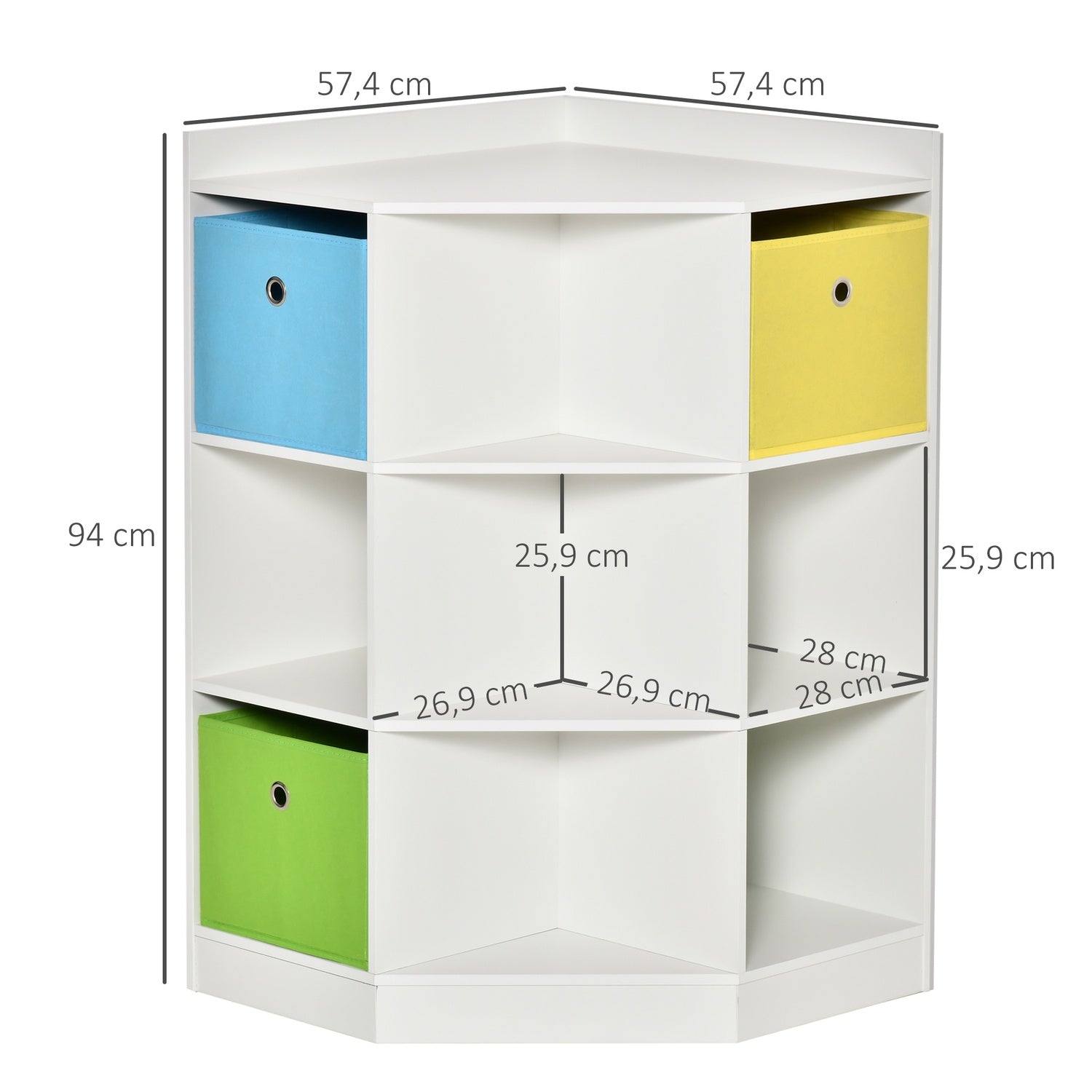 Förvaringshylla för barn, 3 tyglådor, MDF, vit
