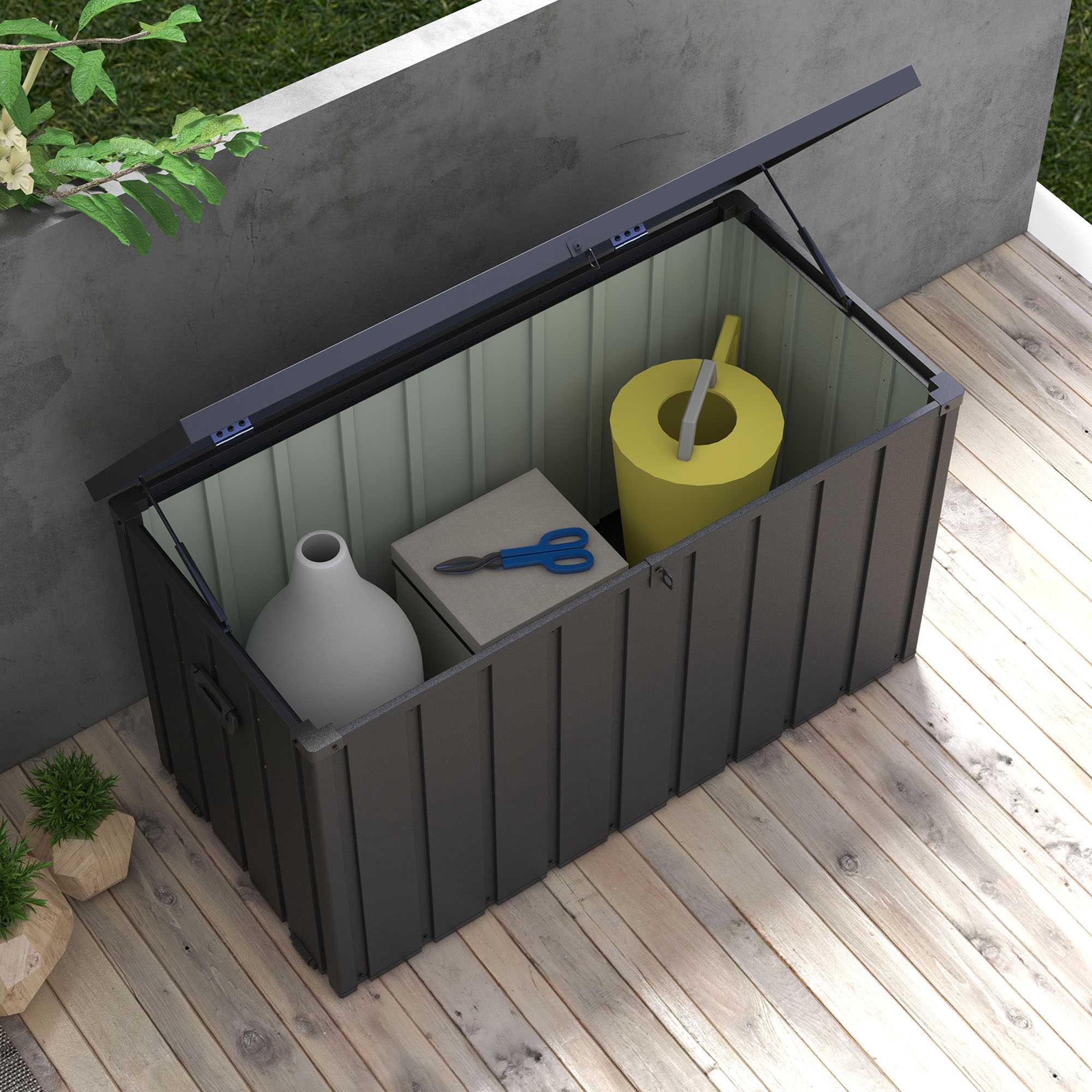 Förvaringslåda för utomhusbruk, 450 liters kapacitet, stålram, mörkgrå