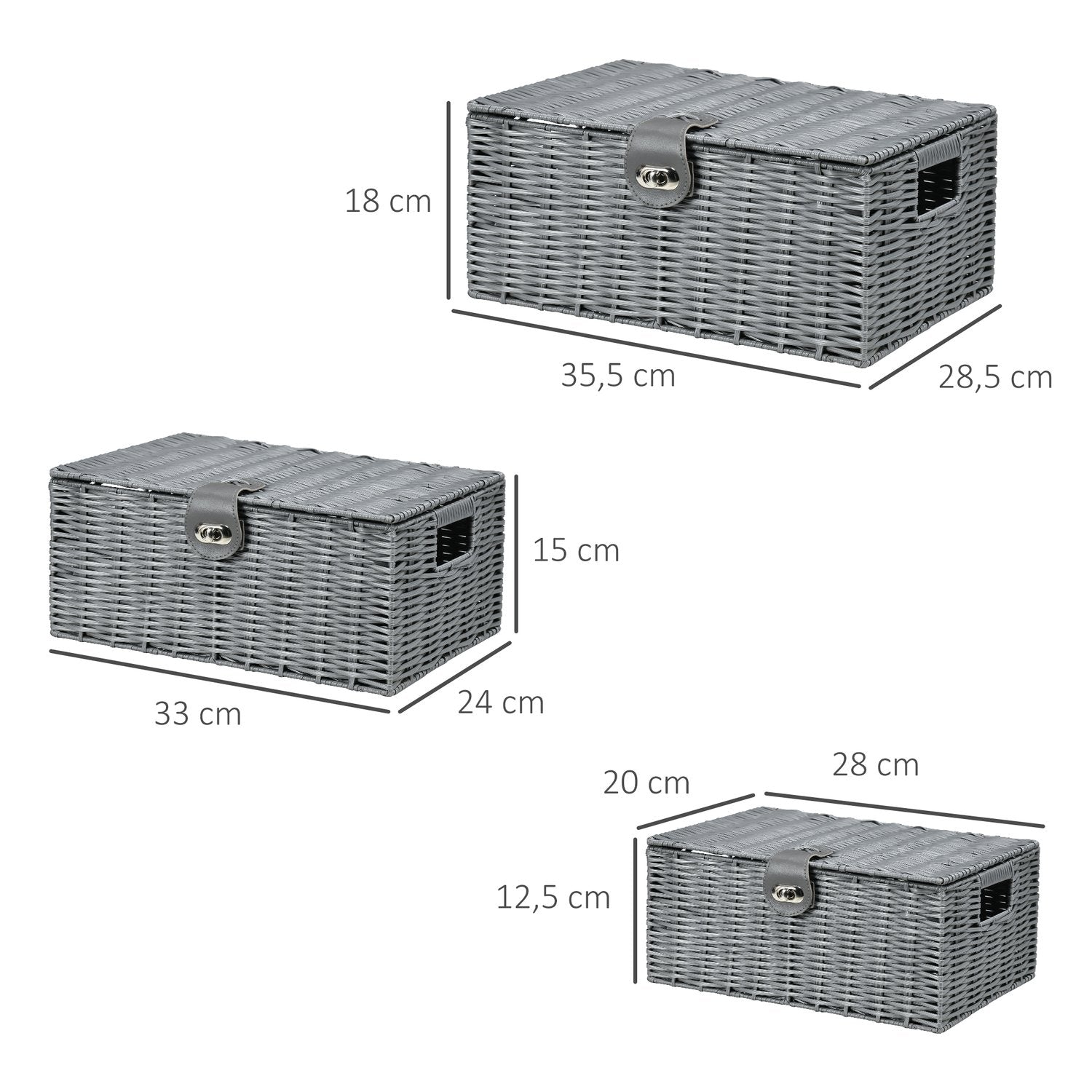Förvaringslådor med lock, set om 3, grå – 18L, 12L, 7L