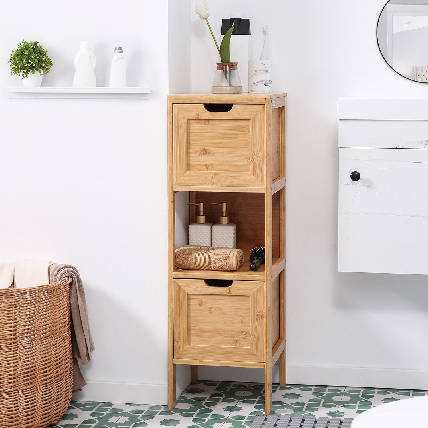 Förvaringsskåp för badrum i bambu med 2 lådor, tippskydd