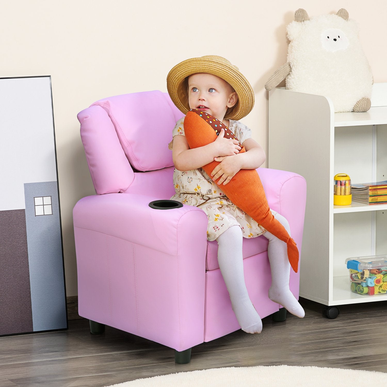 Fåtölj för barn med mugghållare, rosa fåtölj för åldrarna 3-6
