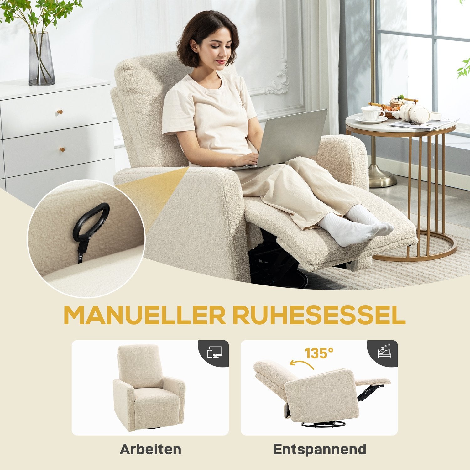 Fåtölj med justerbart ryggstöd, fleeceöverdrag, beige