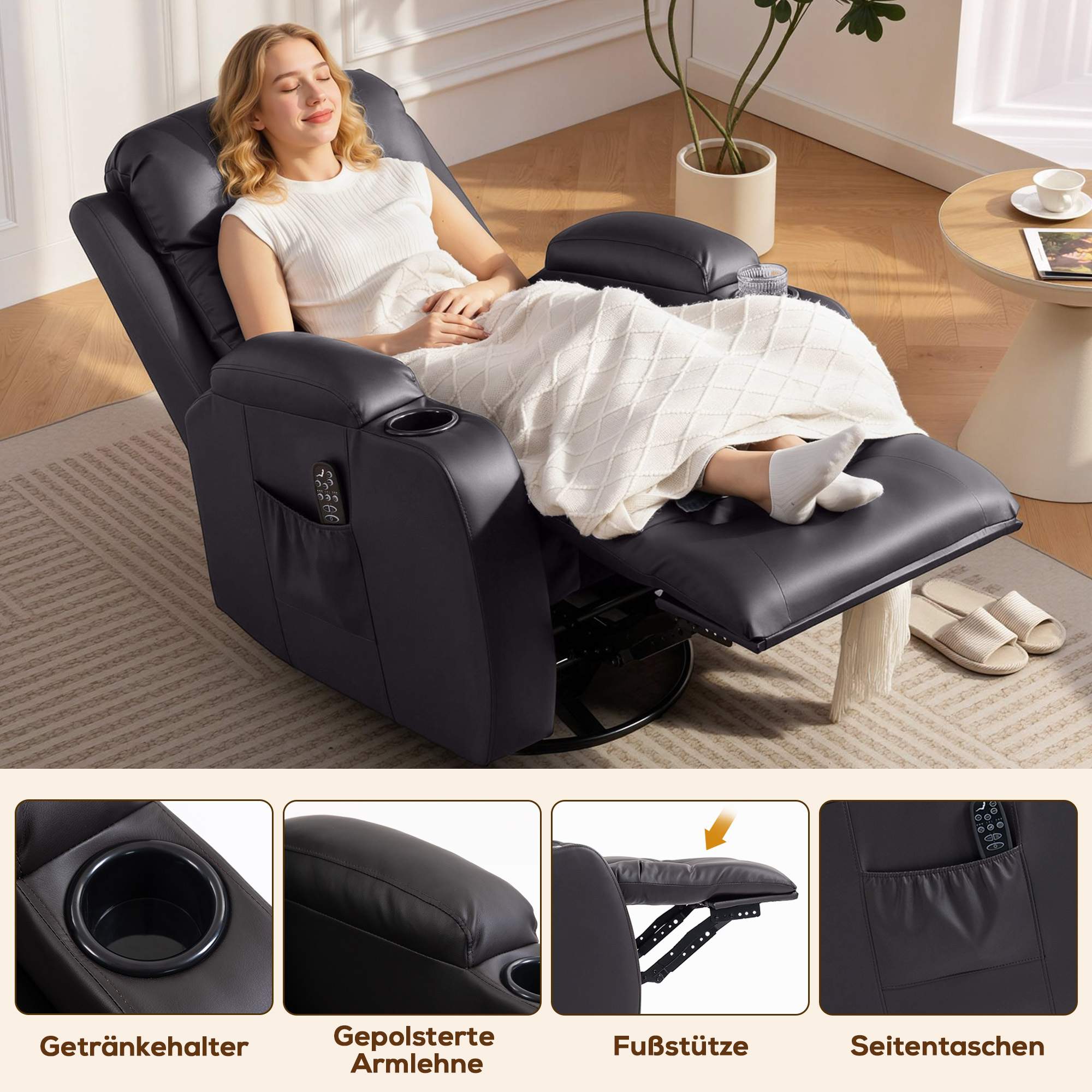 Fåtölj med massage, värme och snurrfunktion, mörkbrun
